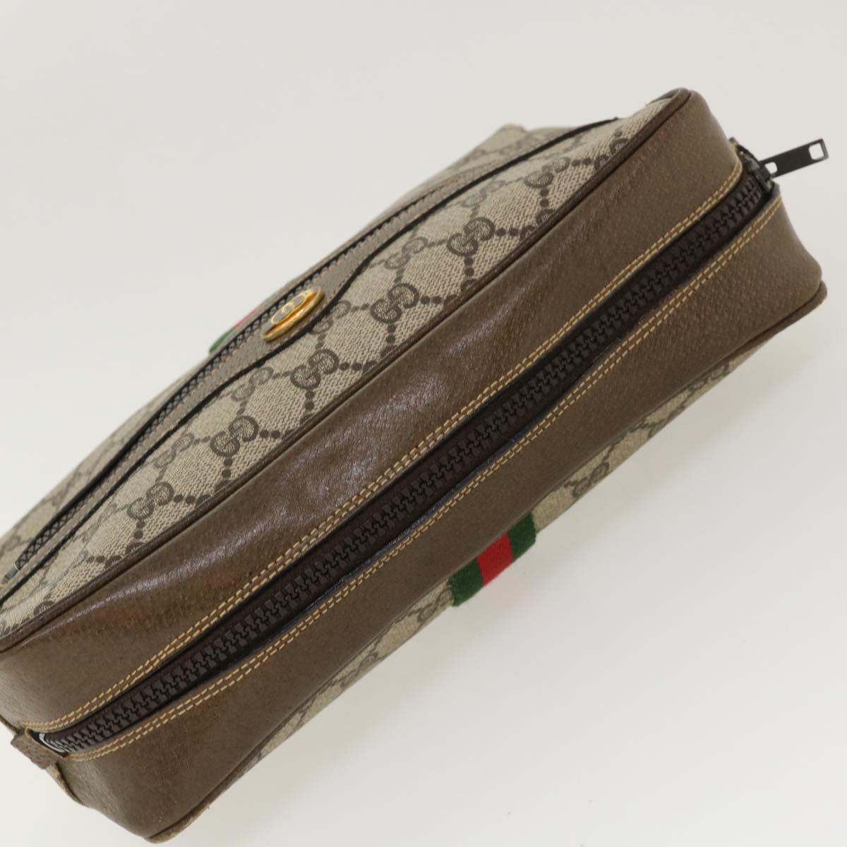 GUCCI Web Sherry Line GG Canvas Shoulder Bag PVC Leather Beige Green 39955