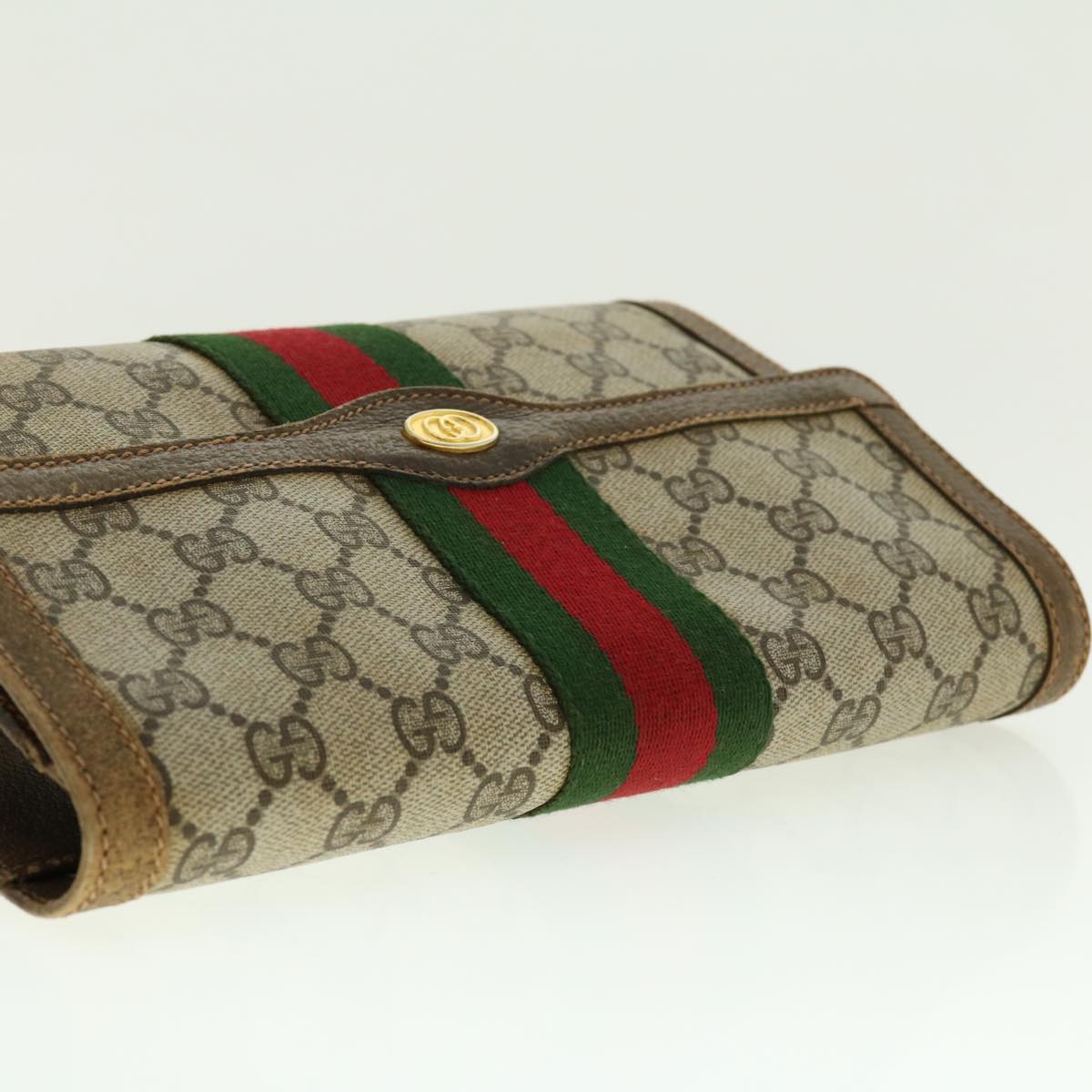 GUCCI Web Sherry Line GG Canvas Clutch Bag PVC Leather Beige Green 39956