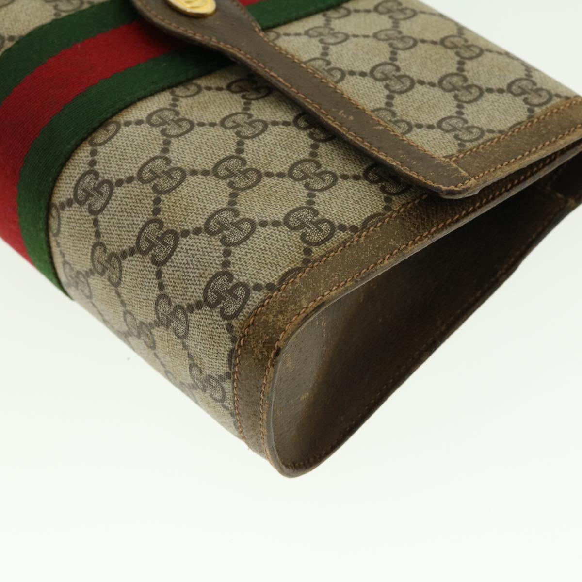 GUCCI Web Sherry Line GG Canvas Clutch Bag PVC Leather Beige Green 39956