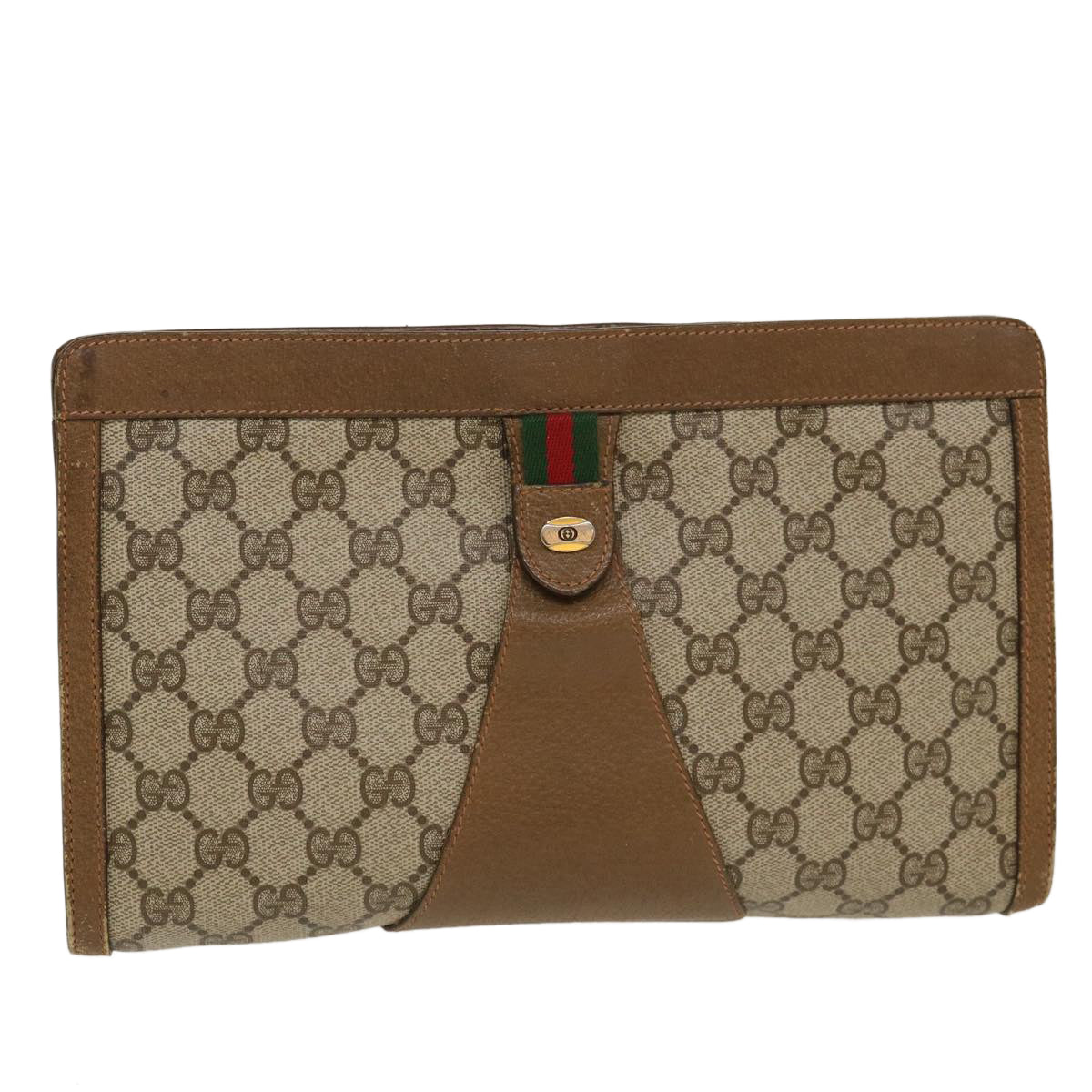 GUCCI Web Sherry Line GG Canvas Clutch Bag PVC Leather Beige Green 39957