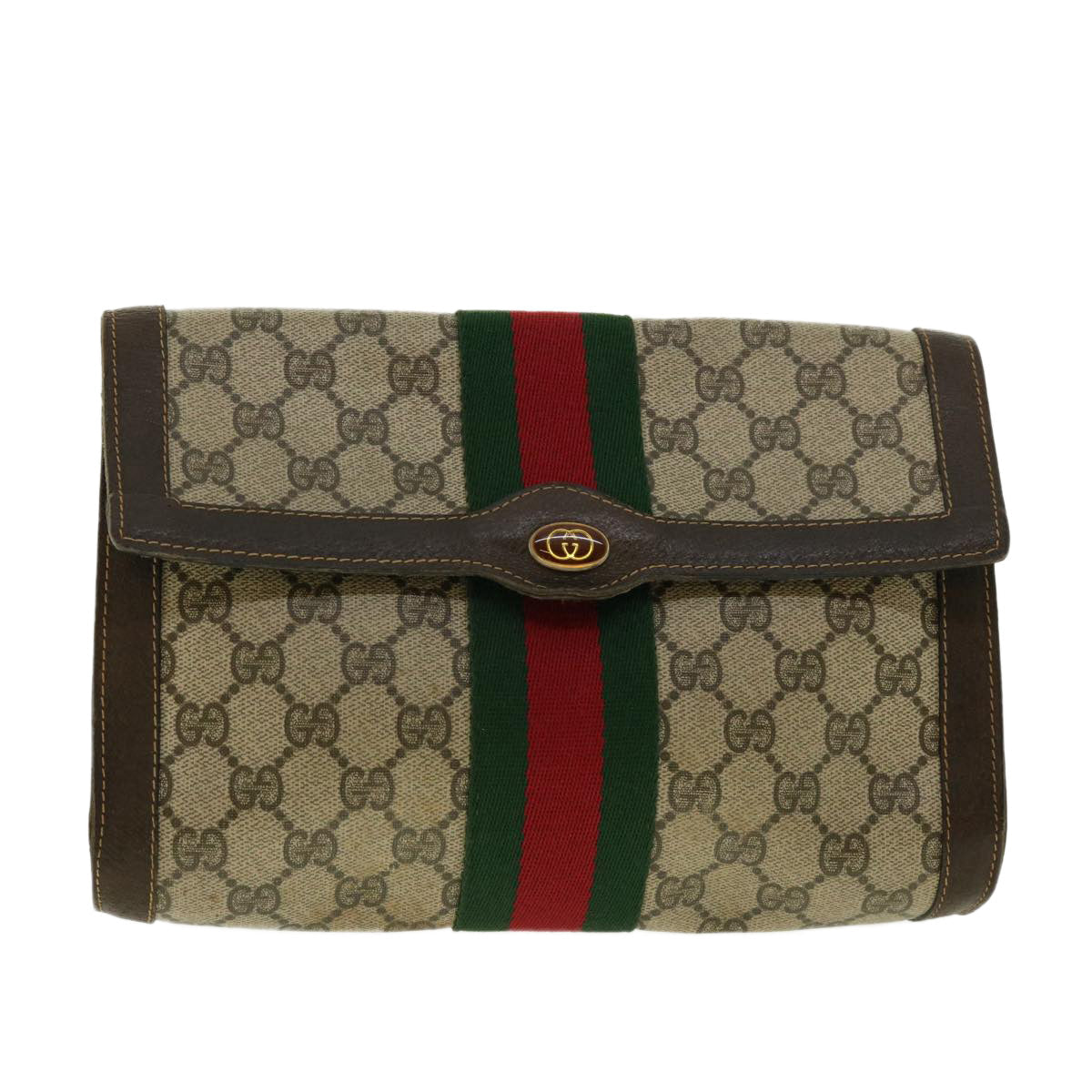 GUCCI Web Sherry Line GG Canvas Clutch Bag PVC Leather Beige Green 39958