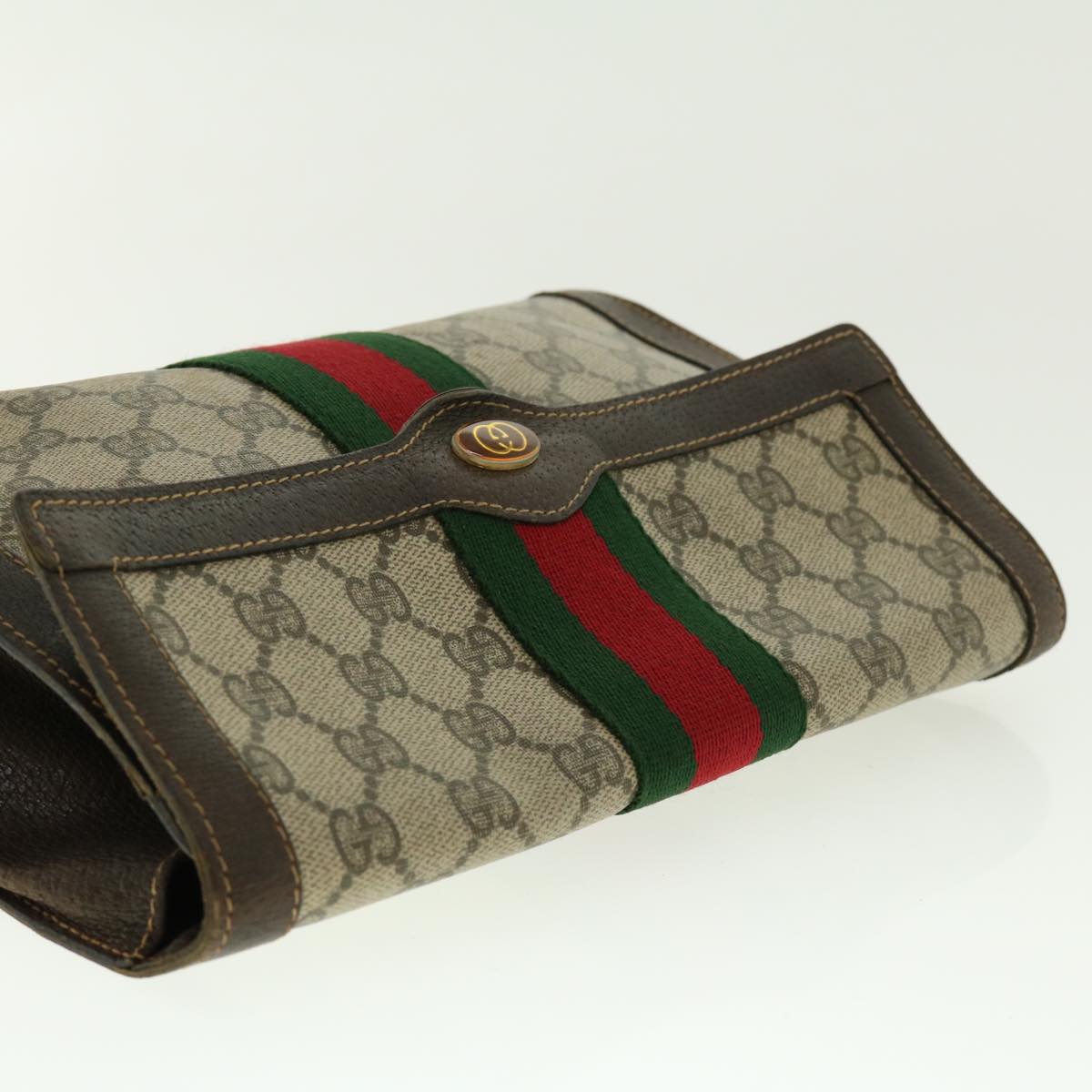 GUCCI Web Sherry Line GG Canvas Clutch Bag PVC Leather Beige Green 39958