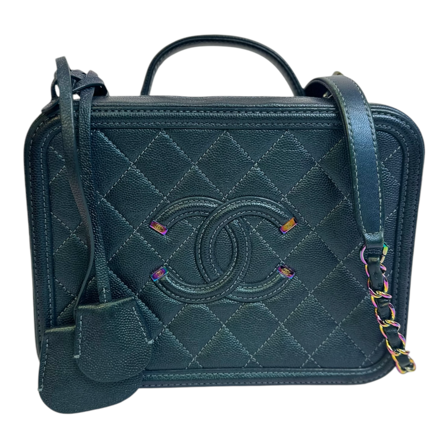 Chanel Iridescent Caviar Quilted Medium CC Filigree Vanity Case Dark Turquoise