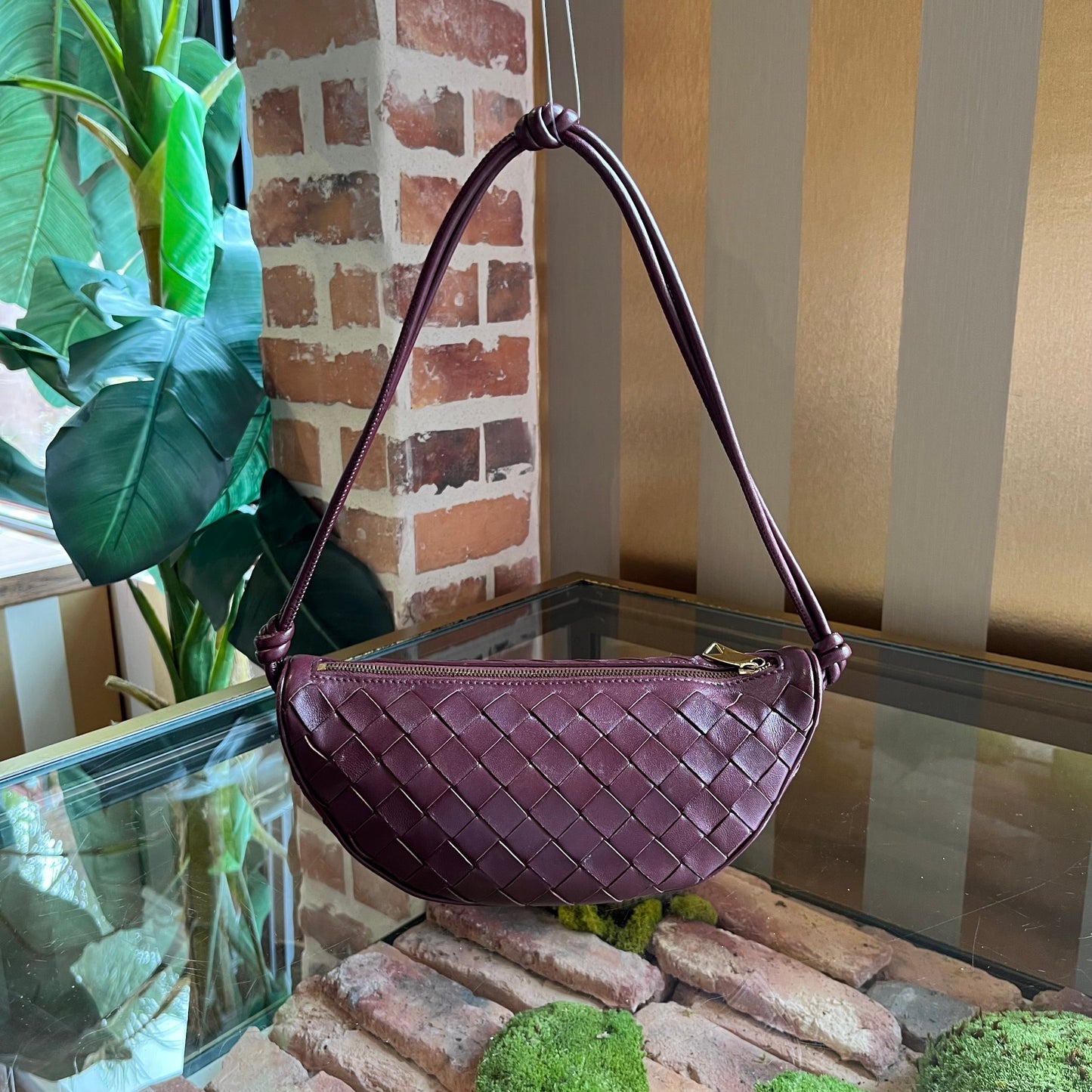 BOTTEGA VENETA Half Moon Barro Muse Brass Nappa Intrecciato Shoulder Bag
