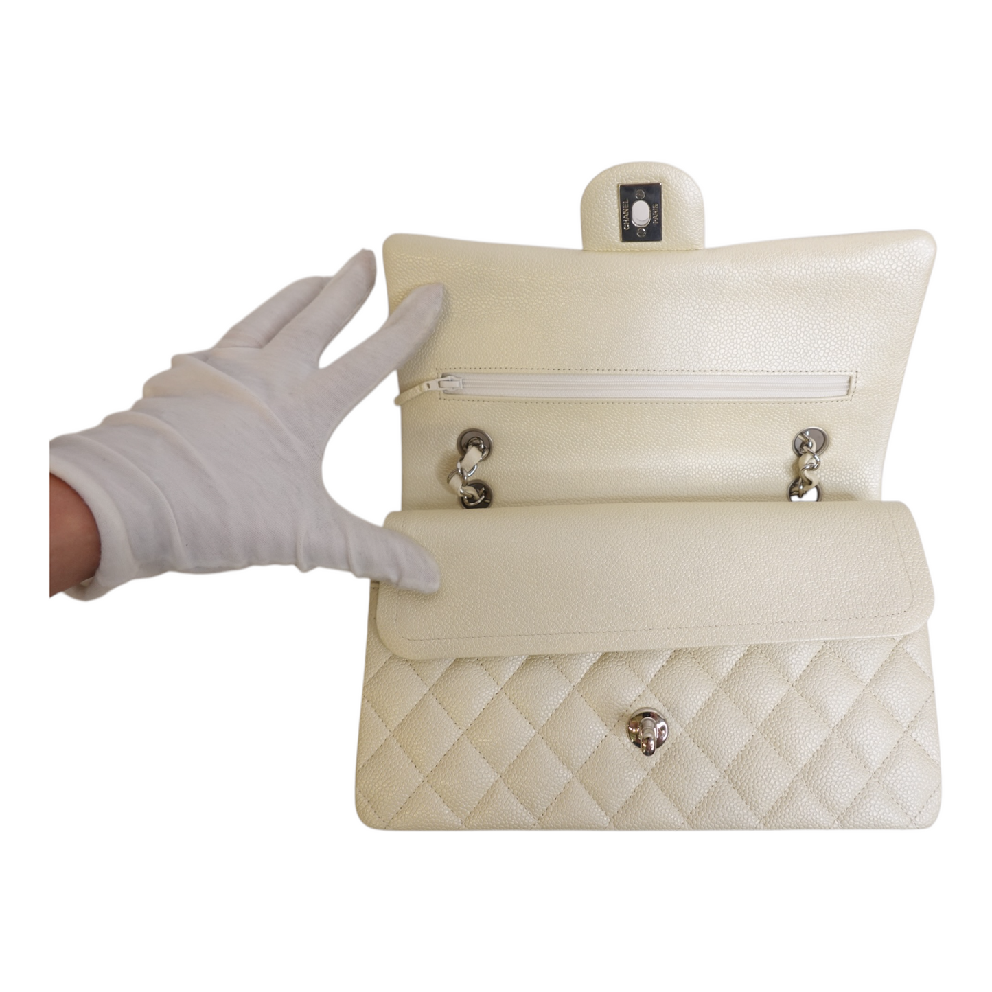 Chanel Medium Double Flap Pearlescent Ivory Caviar