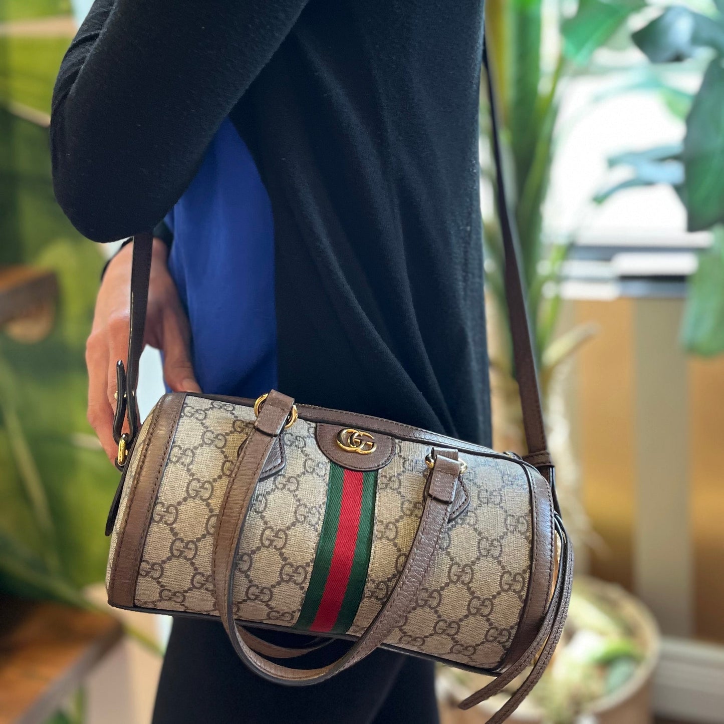 GUCCI Ophidia Boston GG Supreme Monogram Web Satchel