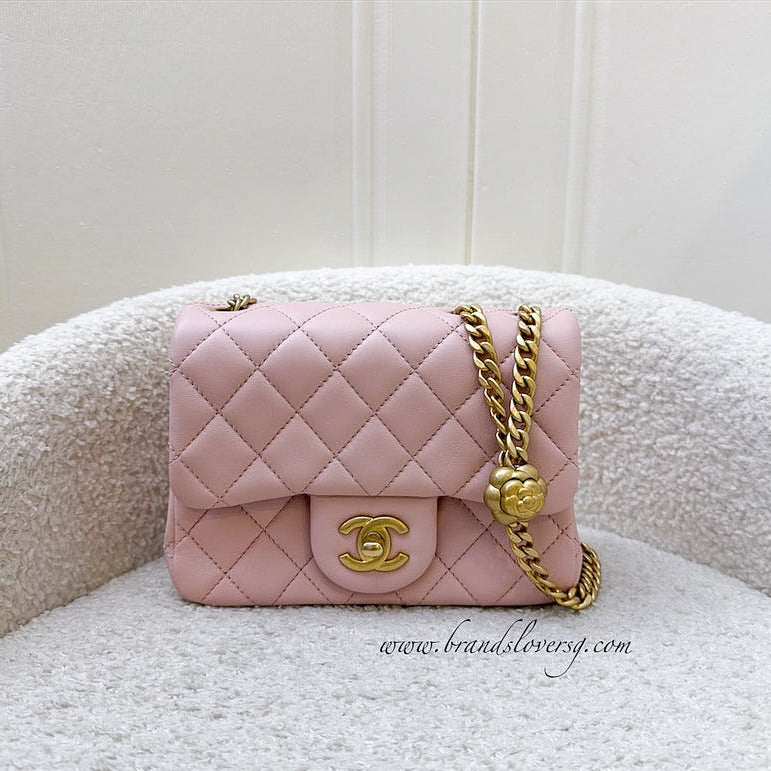 GLM-Camellia Crush Adjustable Chain Mini Square Flap in 23S Sakura Pink Stiff Lambskin and AGHW (Model: AS4040)