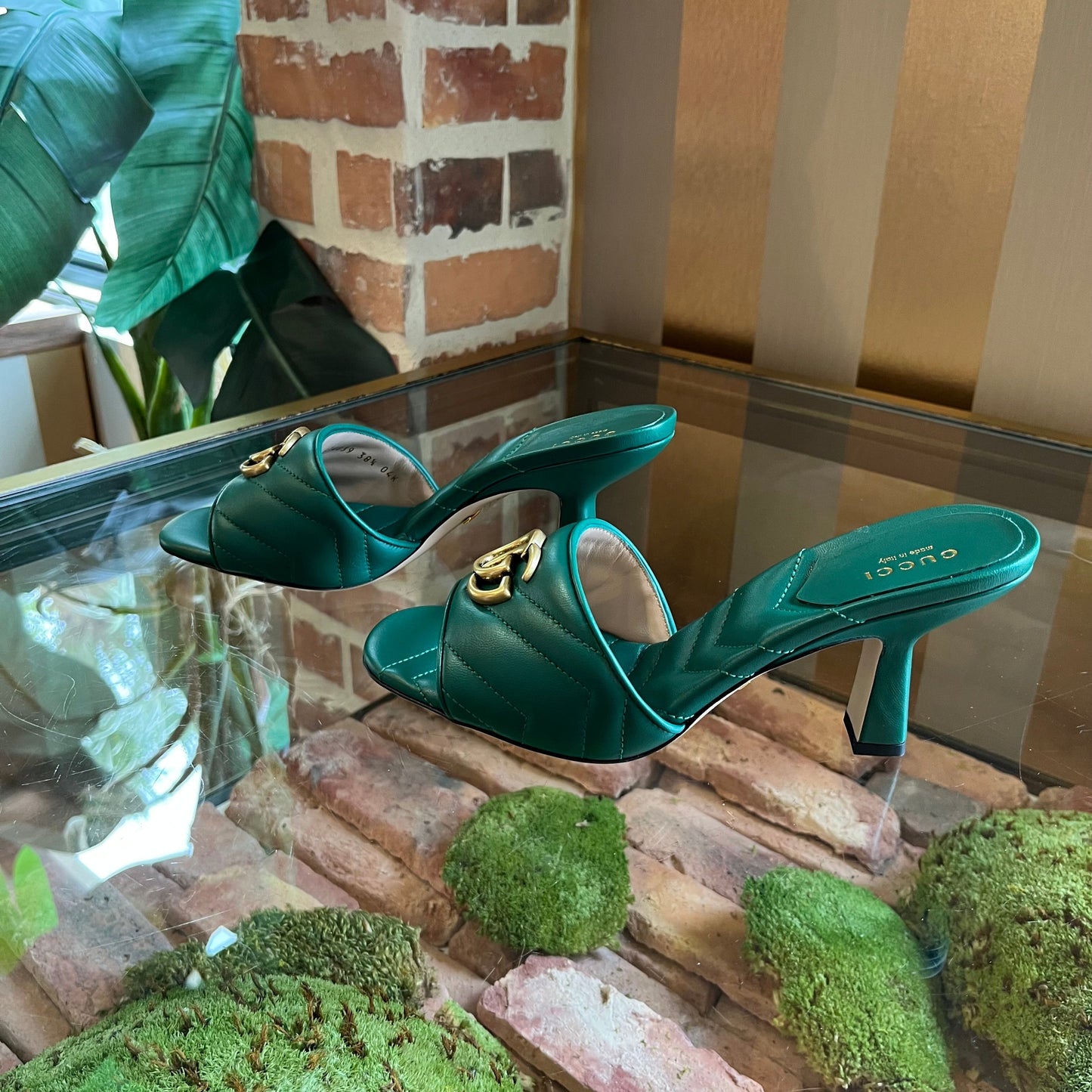 GUCCI GG Marmont Nappa Matelasse Emerald Slide Sandals SZ 38.5