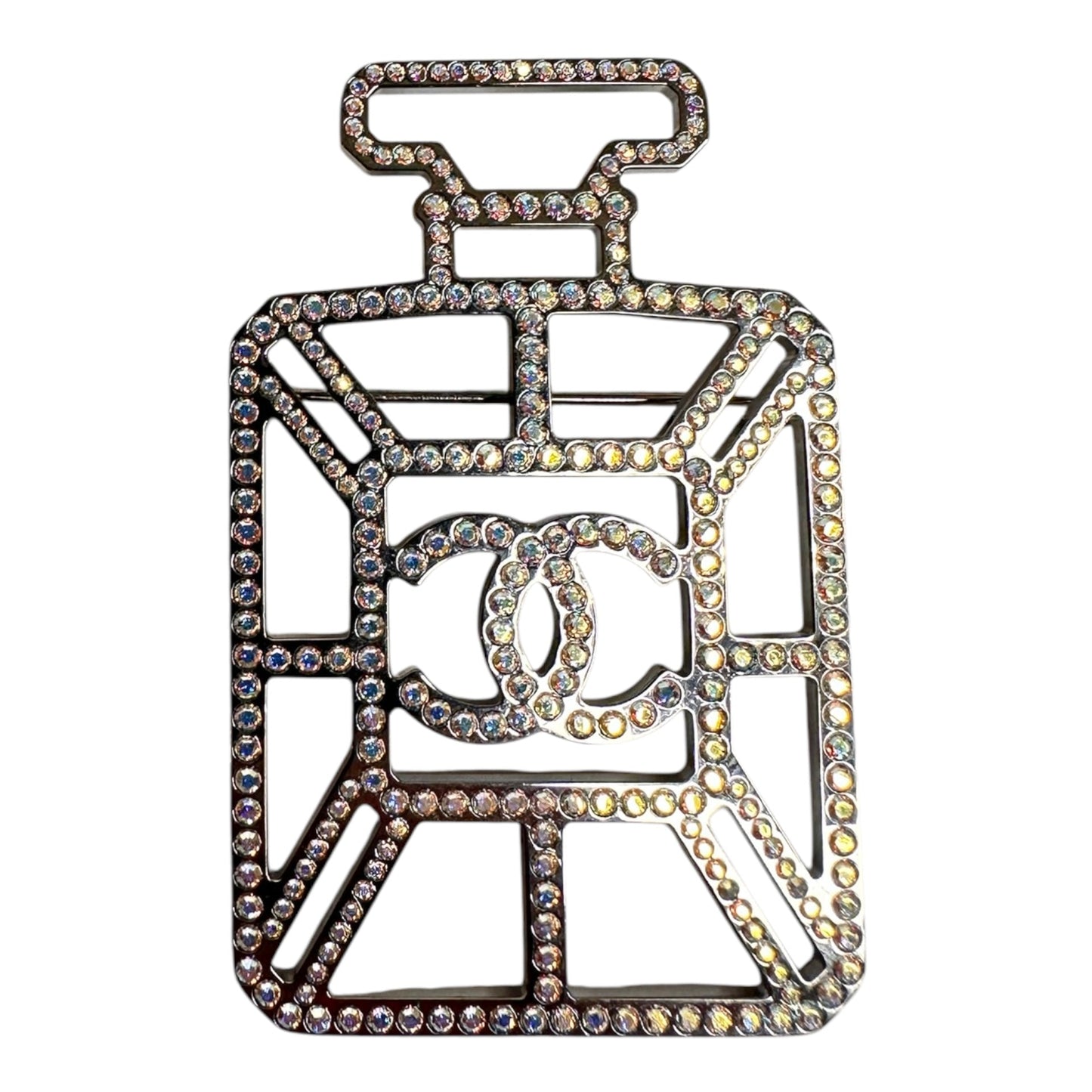Chanel Ruthenium Crystal Perfume Bottle CC Brooch Iridescent Blue