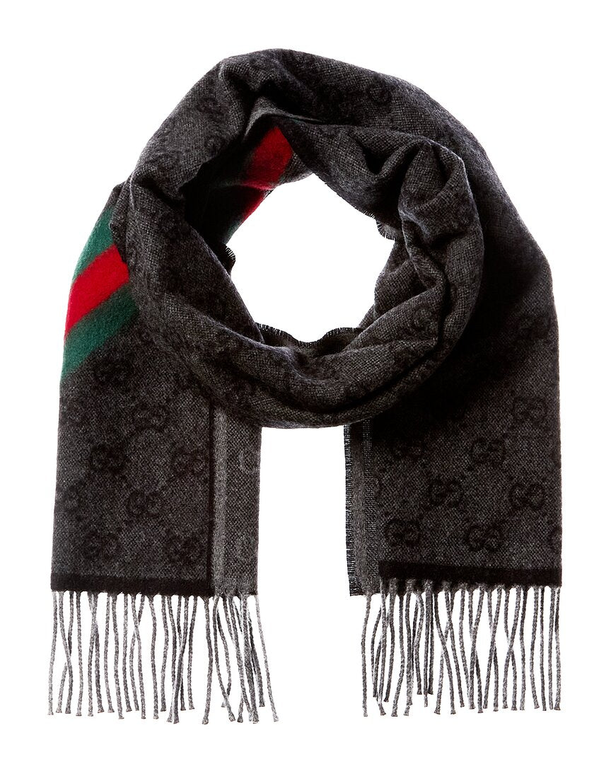 GILT GET DNU Gucci Logo Jacquard Fringed Wool Scarf
