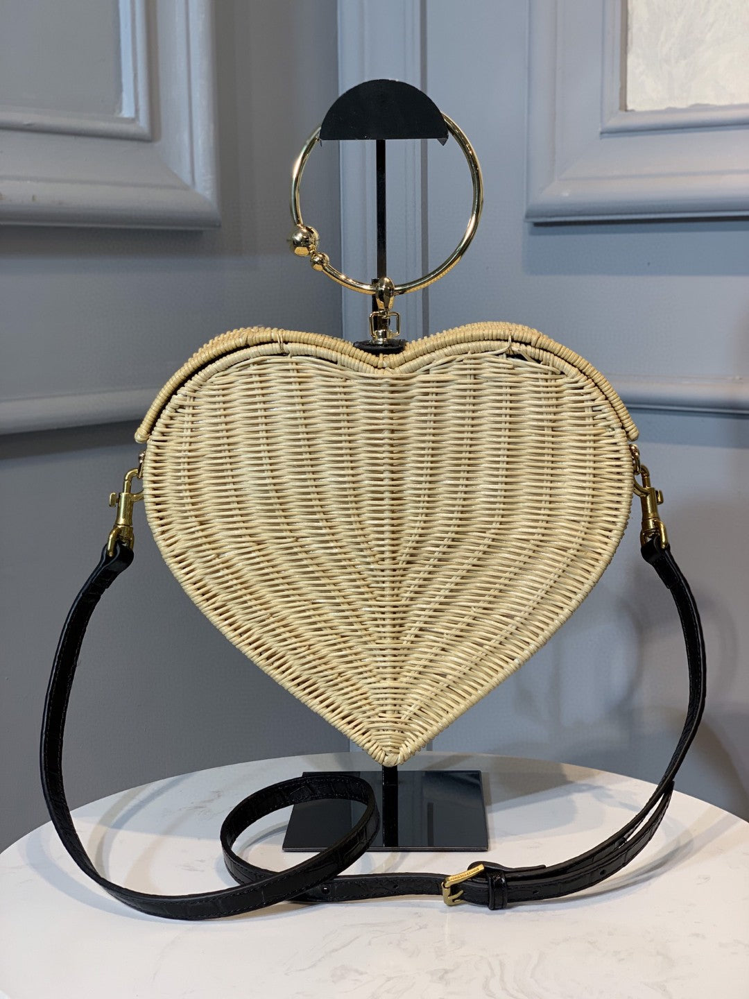 GLAMI Devotion Crystal Heart Wicker Top Handle Bag Beige For Women 10in/26cm GLAMI