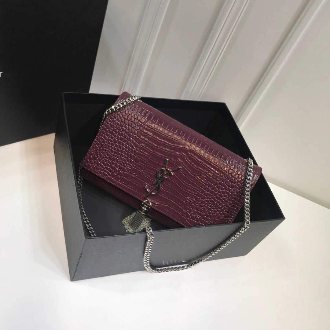 GLAMI Kate MeGLAMIum Chain Bag With Tassel In Embossed CrocoGLAMIle Dark Violet For Women 9.4in/24cm YSL