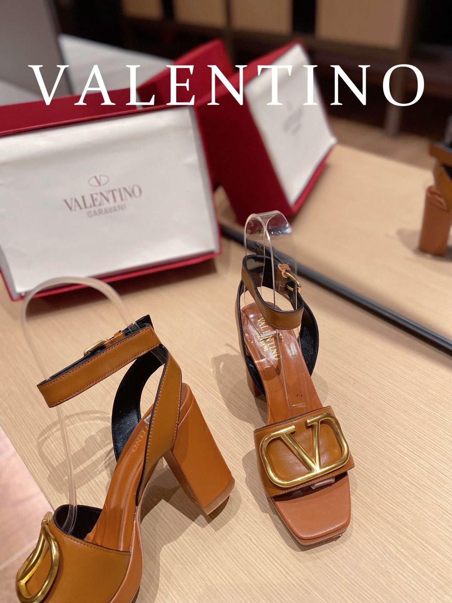 Valentino Garavani Strap Heeled Sandals With V Logo Signature EmbellisGLAMIent Orange For Women