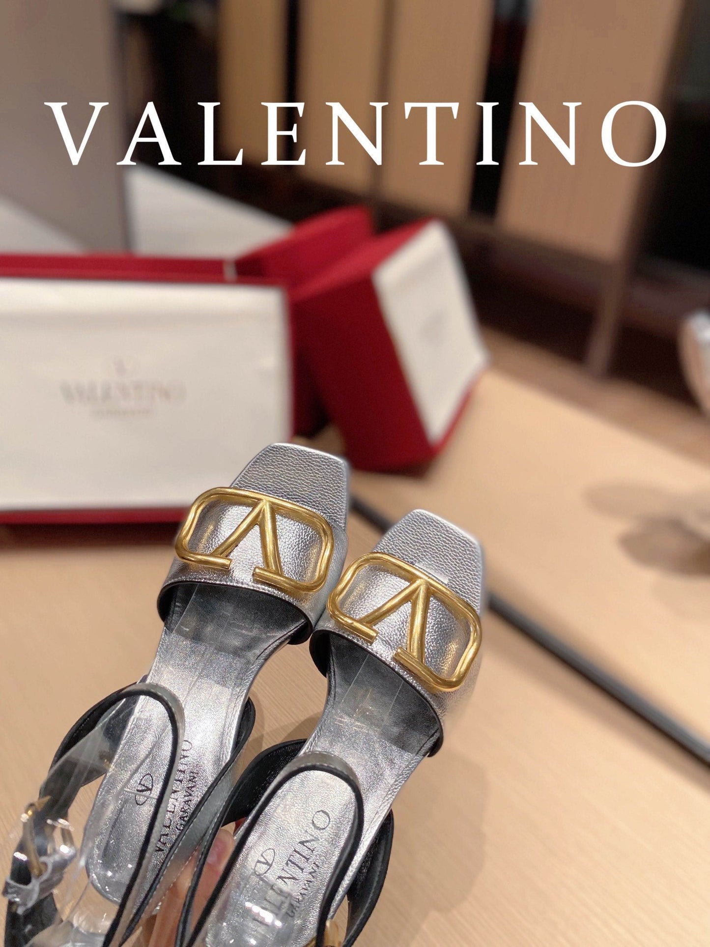 Valentino Garavani Strap Heeled Sandals With V Logo Signature EmbellisGLAMIent Silver For Women