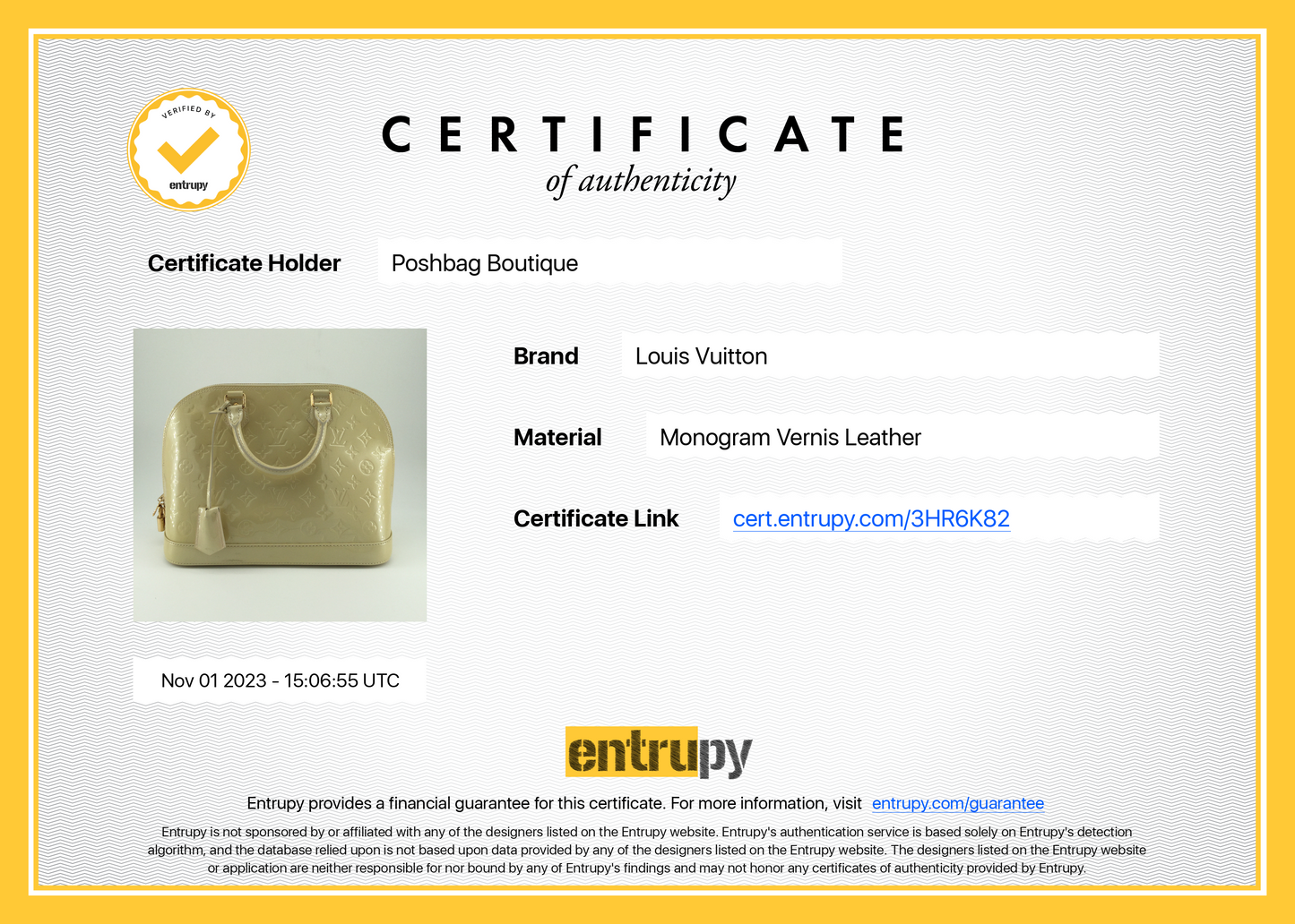 Louis Vuitto Alma PM Monogram Vernis Leather Handbag