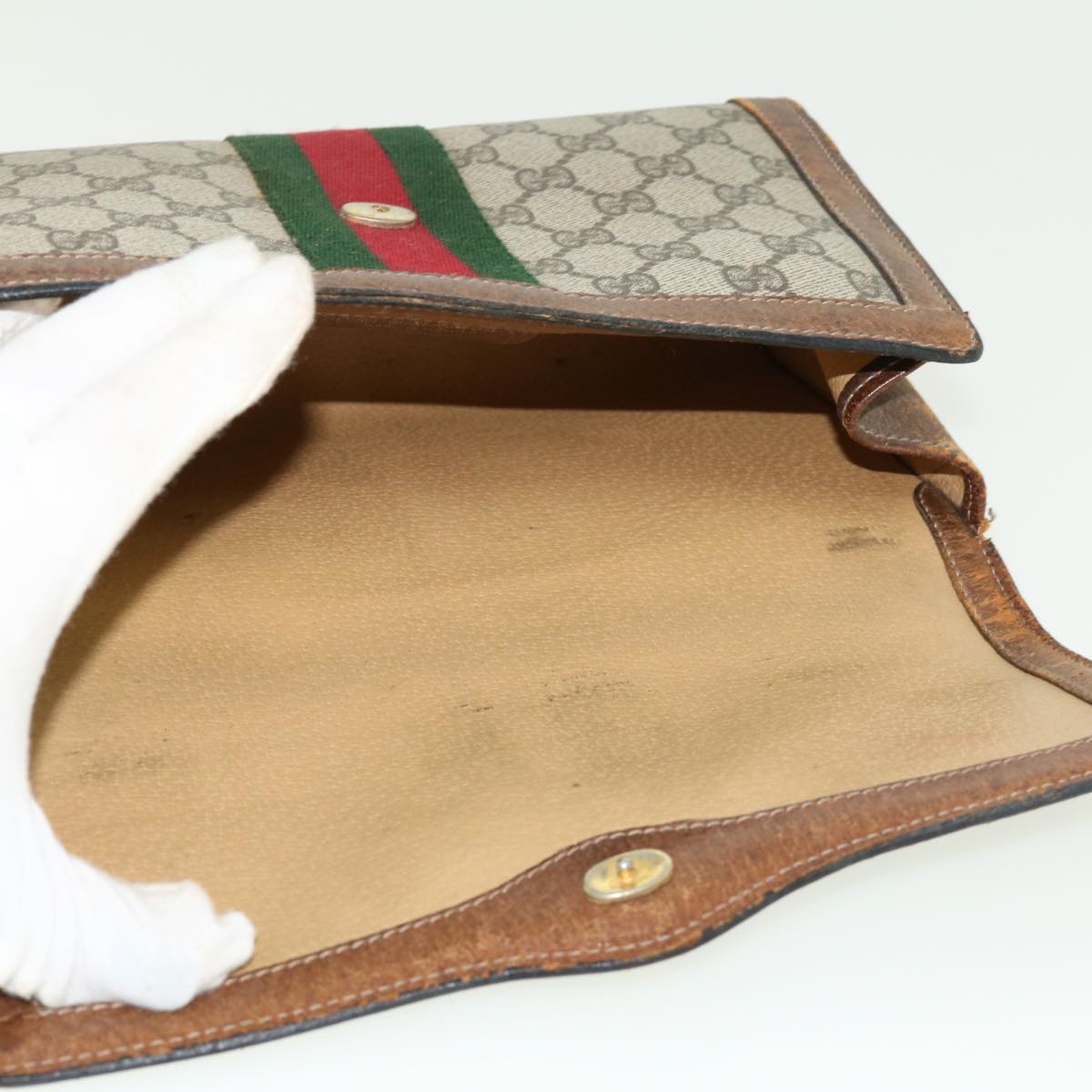 GUCCI Web Sherry Line GG Canvas Clutch Bag PVC Leather Beige Green 40002