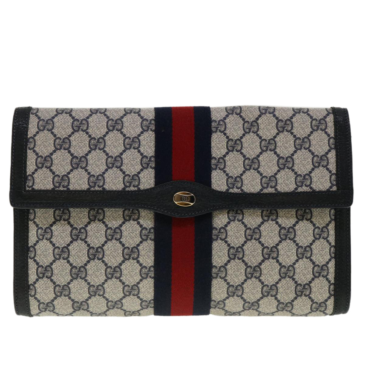 GUCCI GG Canvas Sherry Line Clutch Bag Gray Navy Red 89.01.007 40956
