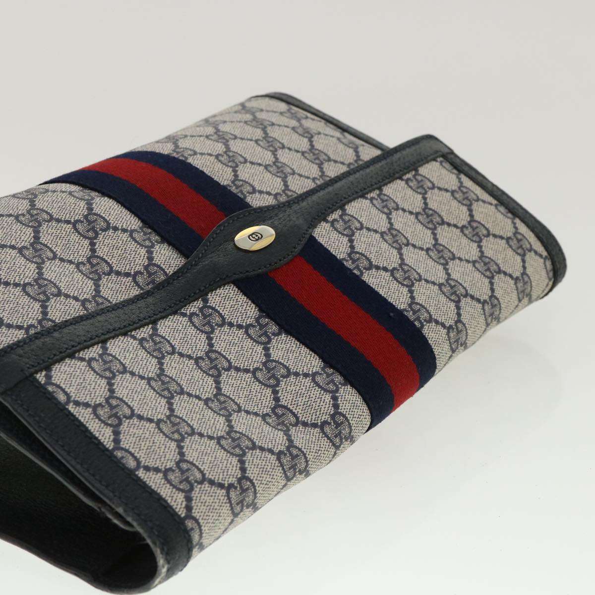 GUCCI GG Canvas Sherry Line Clutch Bag Gray Navy Red 89.01.007 40956