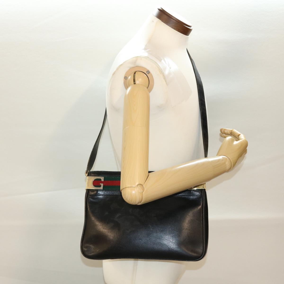 GUCCI Web Sherry Line Shoulder Bag Leather Black Red Green 41258