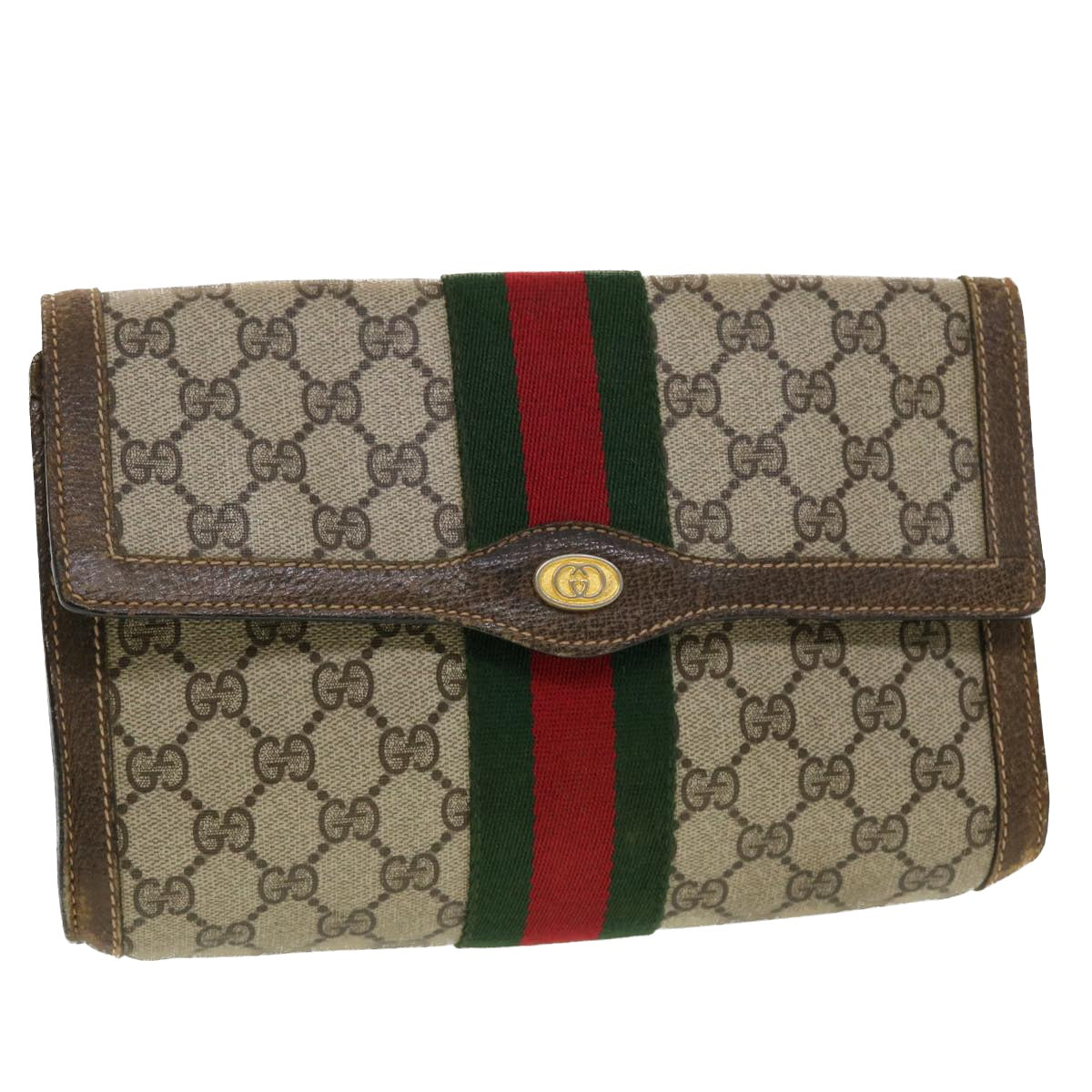 GUCCI GG Canvas Web Sherry Line Clutch Bag Beige Red 67.014.3087 41341