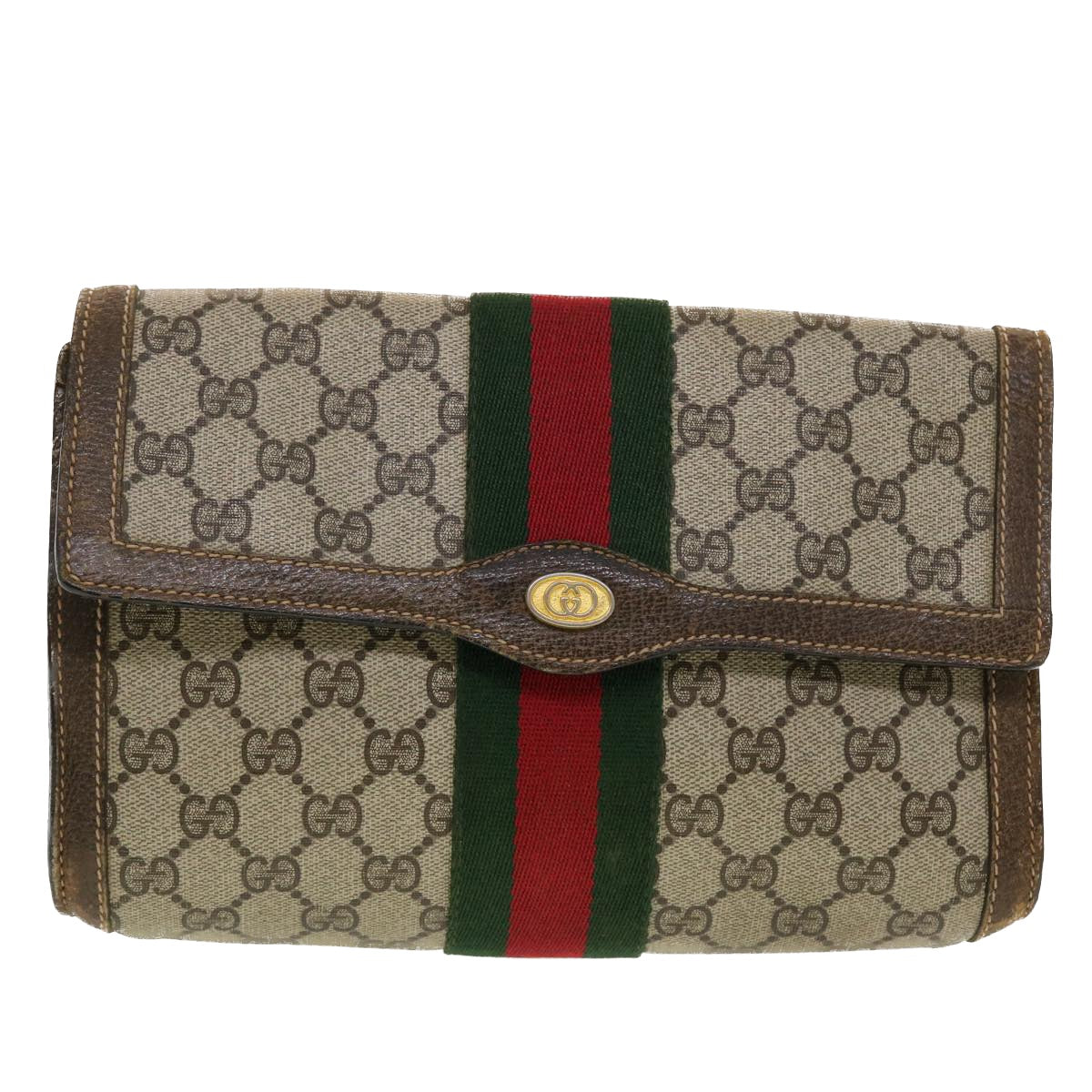 GUCCI GG Canvas Web Sherry Line Clutch Bag Beige Red 67.014.3087 41341