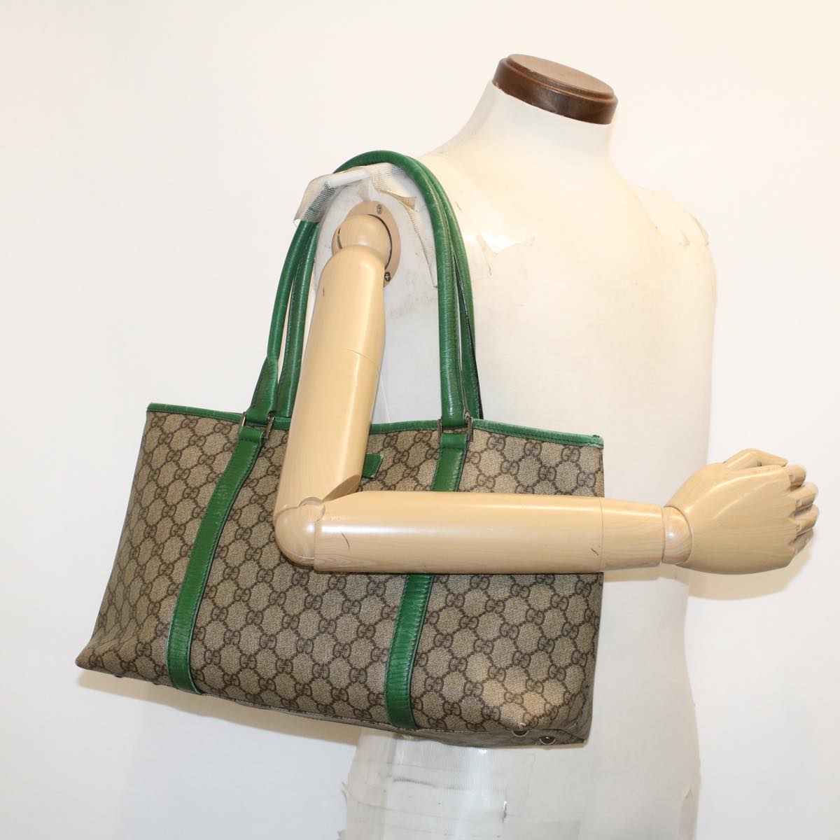 GUCCI GG Canvas Tote Bag PVC Leather Beige Green 42102