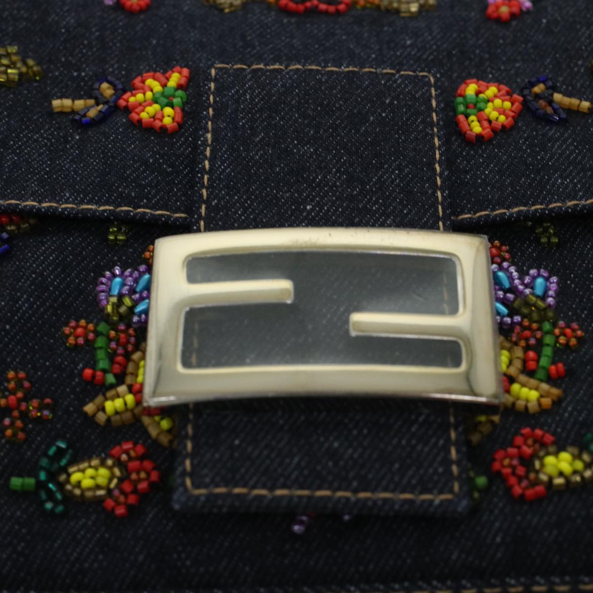FENDI Beads Mamma Baguette Shoulder Bag Denim Navy 236826424008 42189