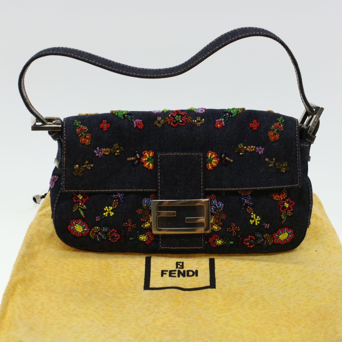 FENDI Beads Mamma Baguette Shoulder Bag Denim Navy 236826424008 42189