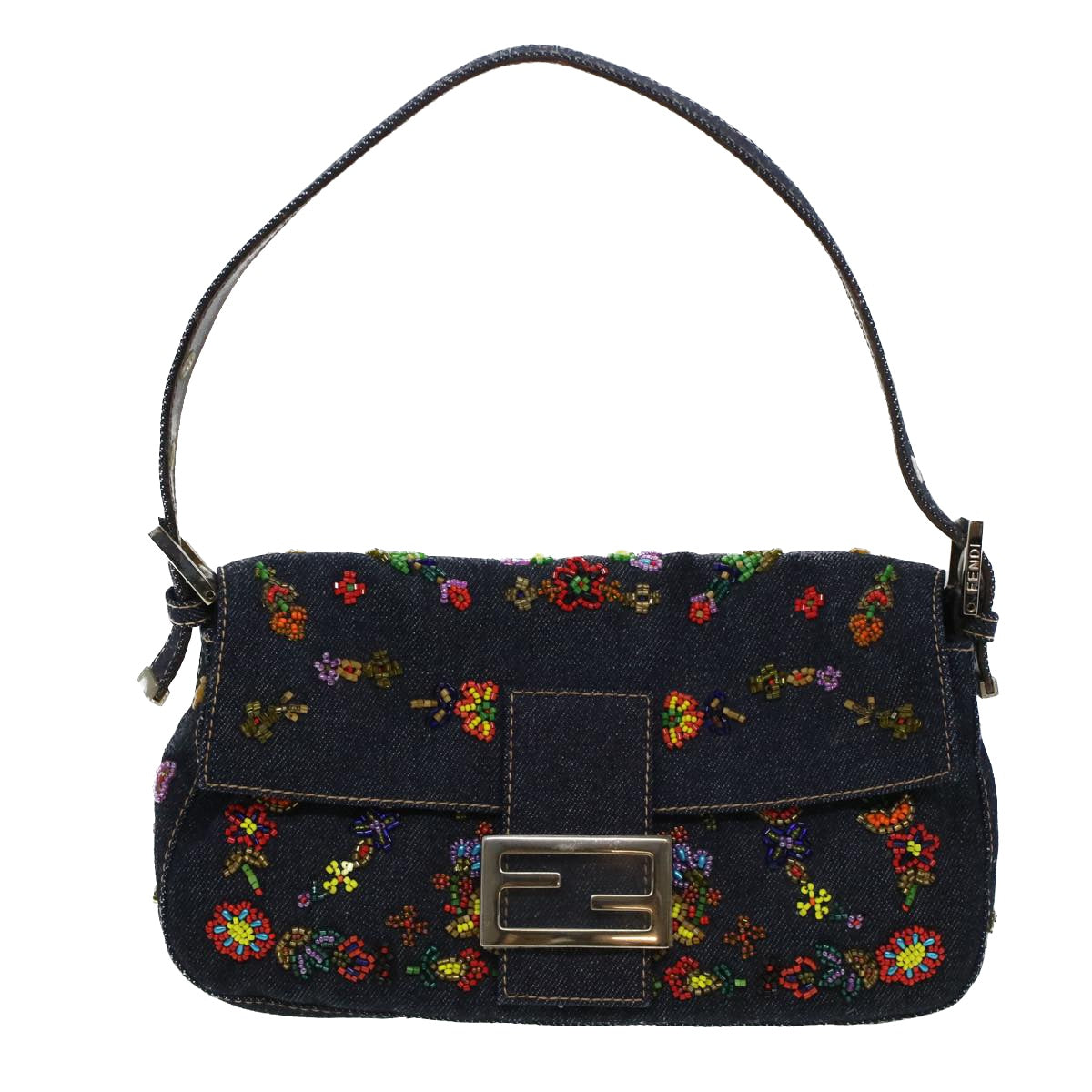 FENDI Beads Mamma Baguette Shoulder Bag Denim Navy 236826424008 42189