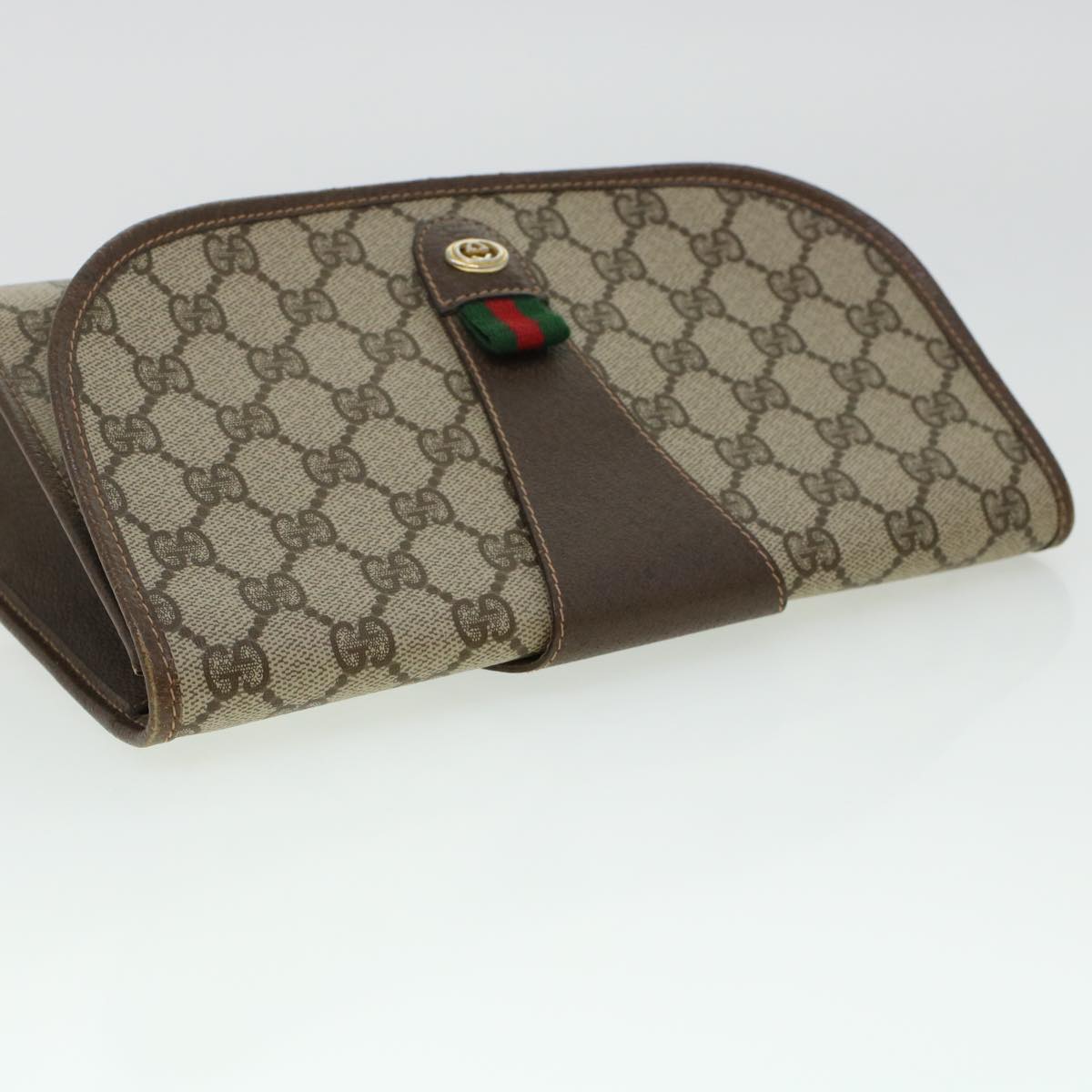 GUCCI GG Canvas Web Sherry Line Clutch Bag PVC Leather Beige Red 42430