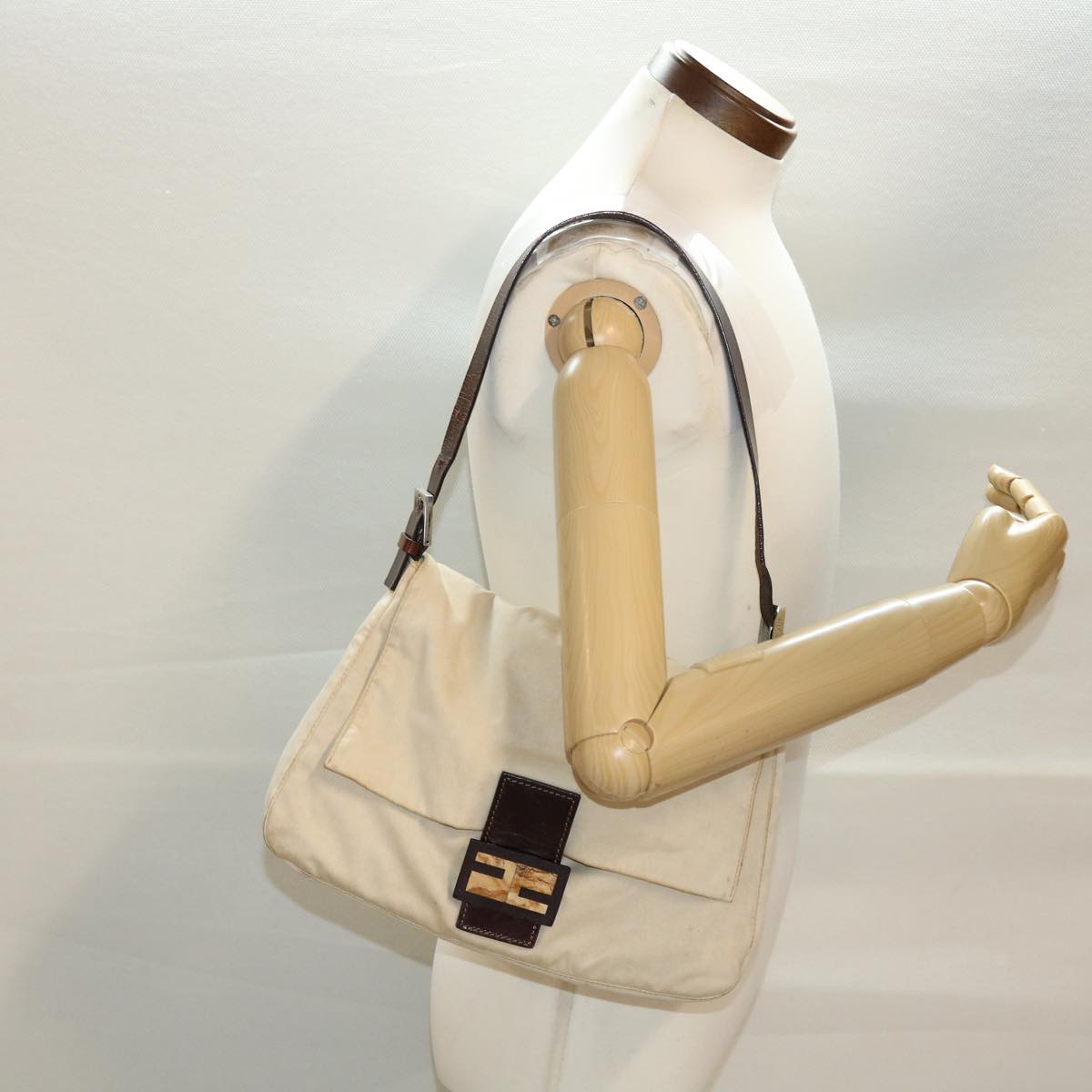 FENDI Mamma Baguette Shoulder Bag Canvas Beige 2355.26325.008 42758