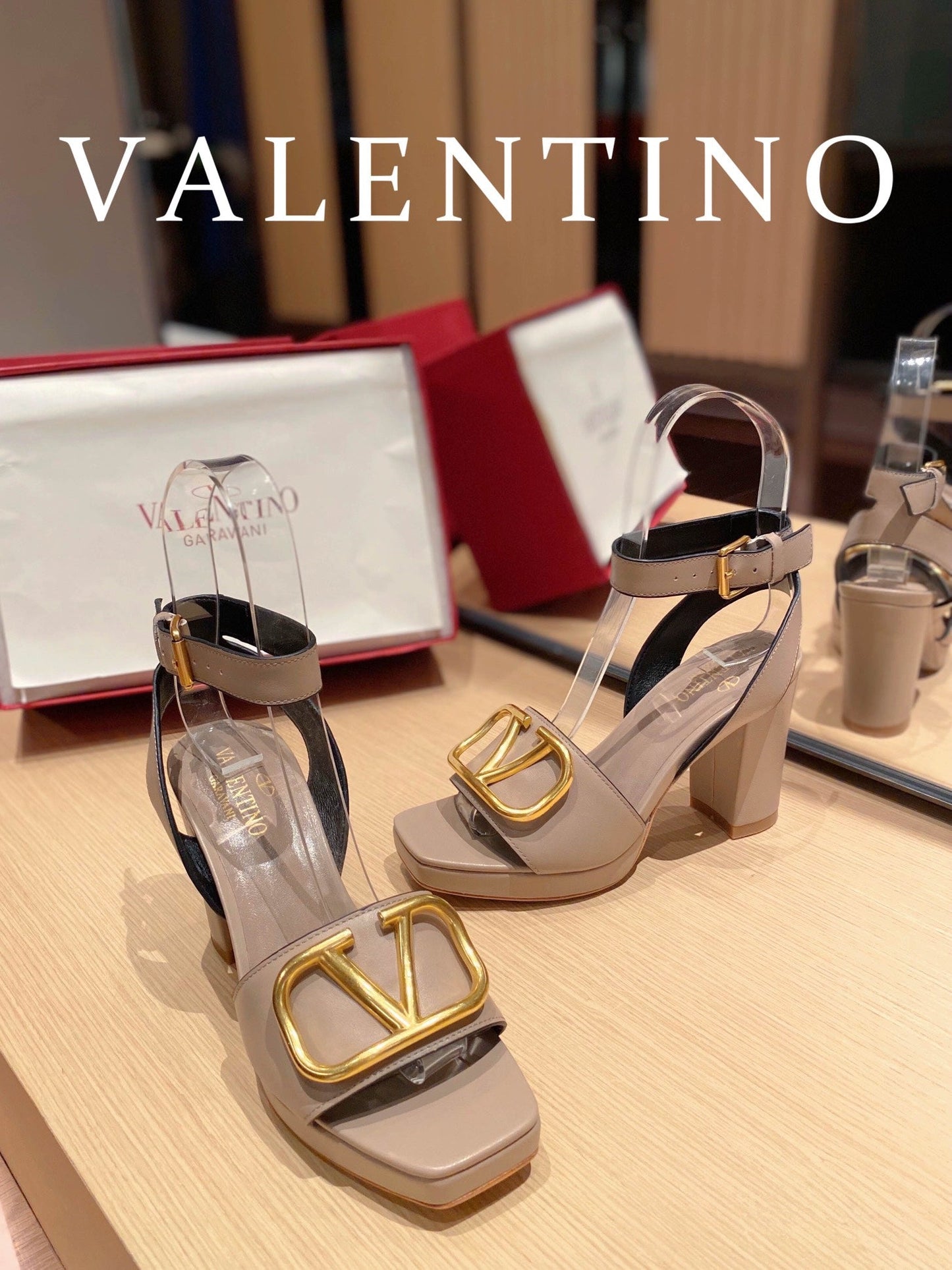 Valentino Garavani Strap Heeled Sandals With V Logo Signature EmbellisGLAMIent Beige For Women