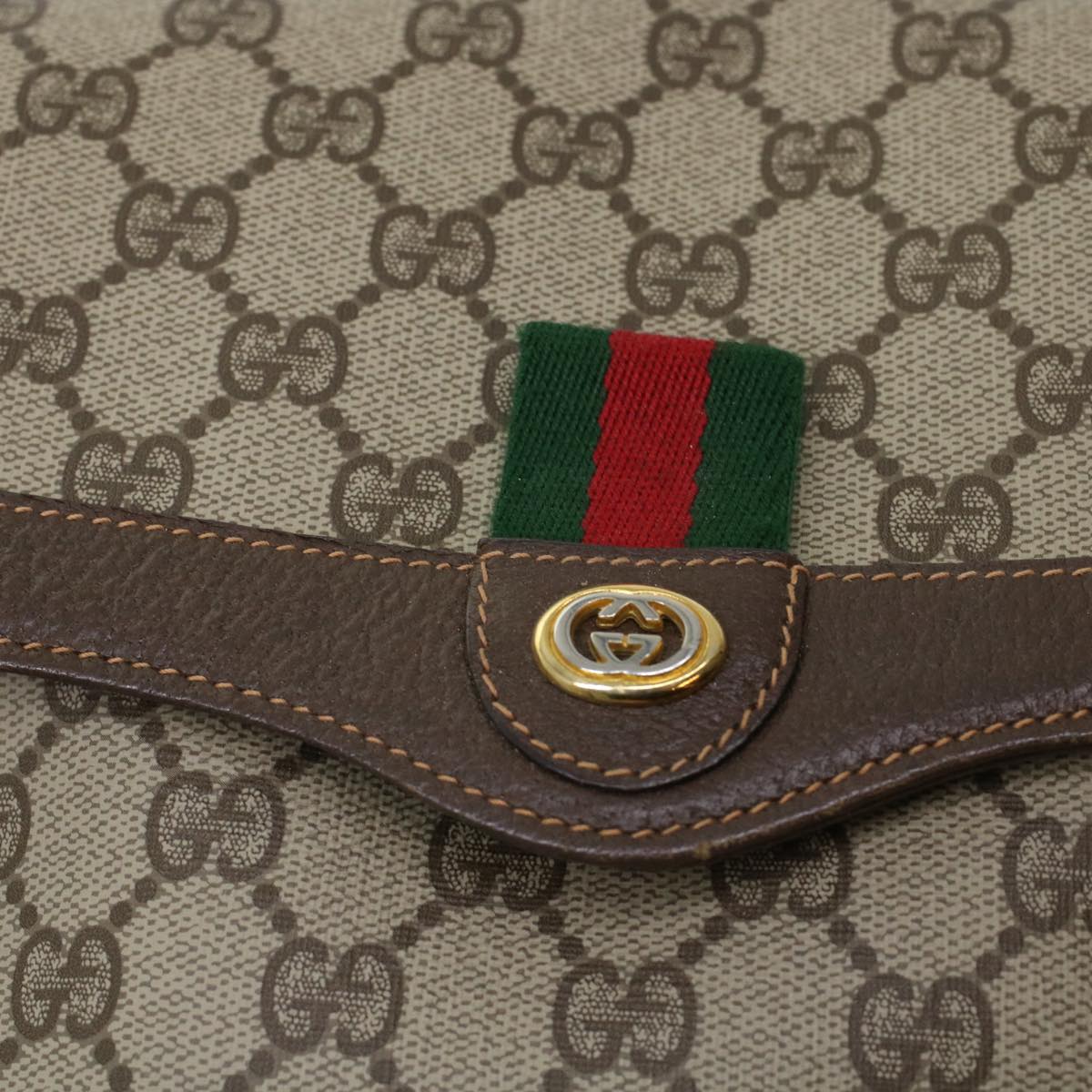 GUCCI GG Canvas Web Sherry Line Shoulder Bag PVC Leather Beige Green 43086