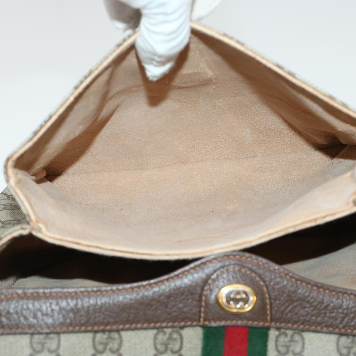 GUCCI GG Canvas Web Sherry Line Shoulder Bag PVC Leather Beige Green 43086