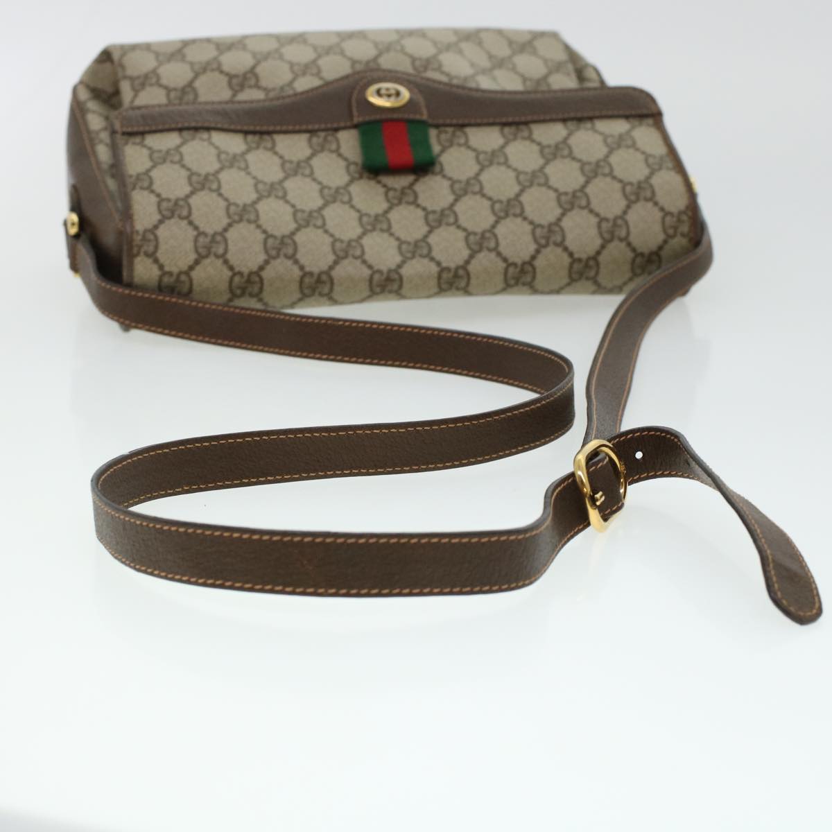 GUCCI GG Canvas Web Sherry Line Shoulder Bag PVC Leather Beige Green 43086