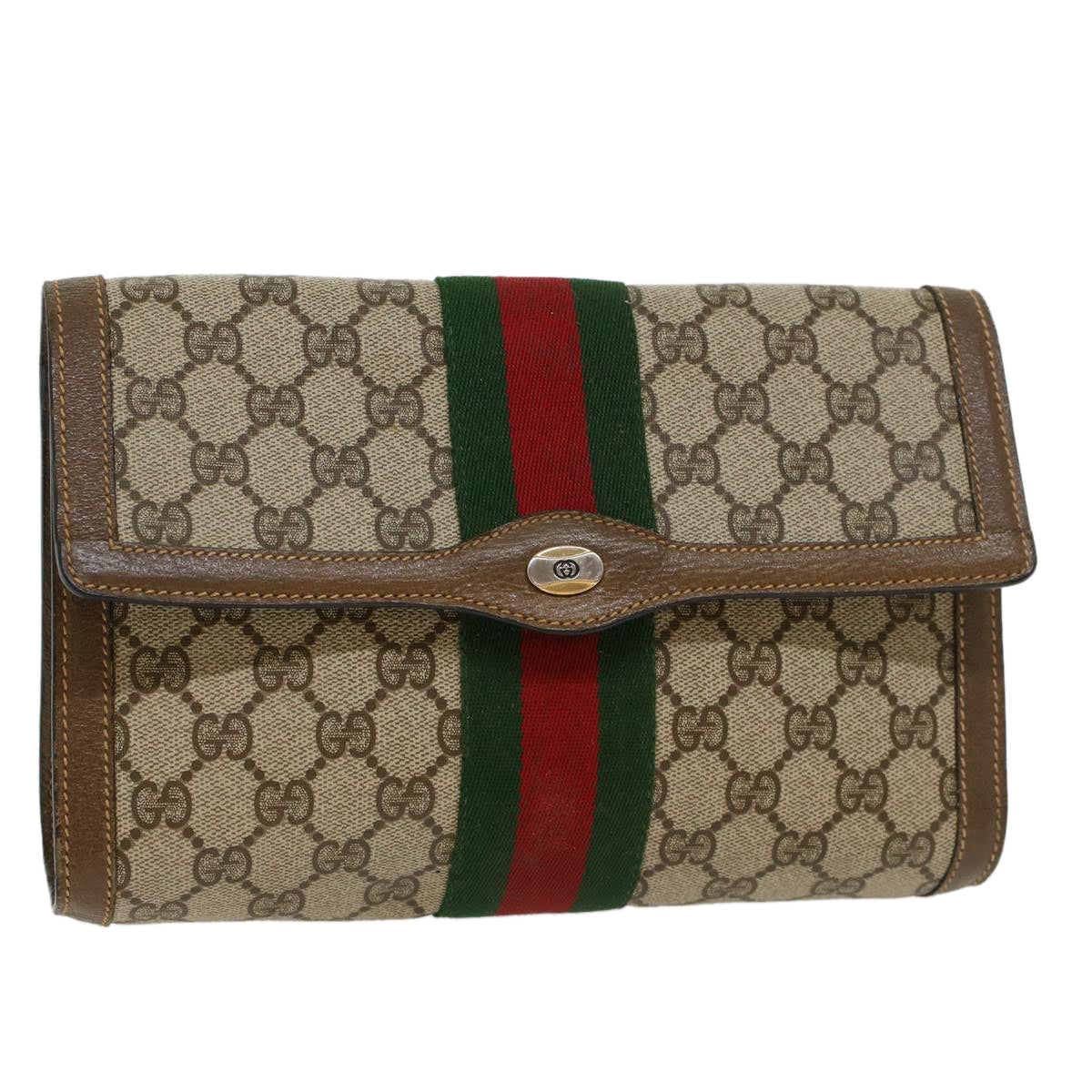 GUCCI GG Canvas Web Sherry Line Clutch Bag PVC Leather Beige Green 43089