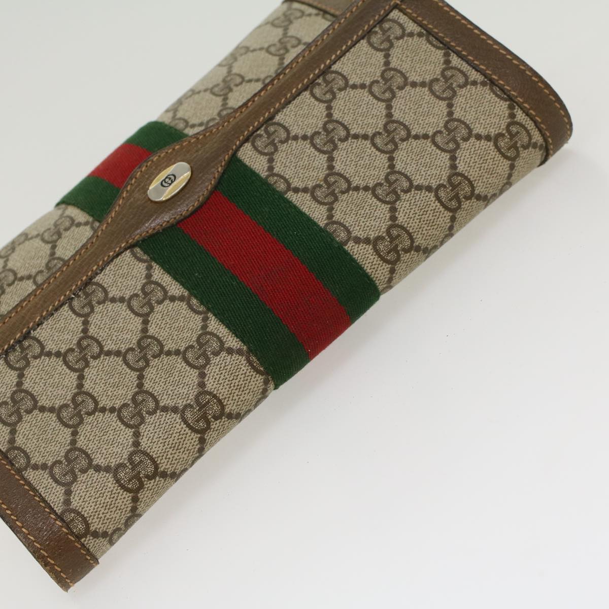 GUCCI GG Canvas Web Sherry Line Clutch Bag PVC Leather Beige Green 43089