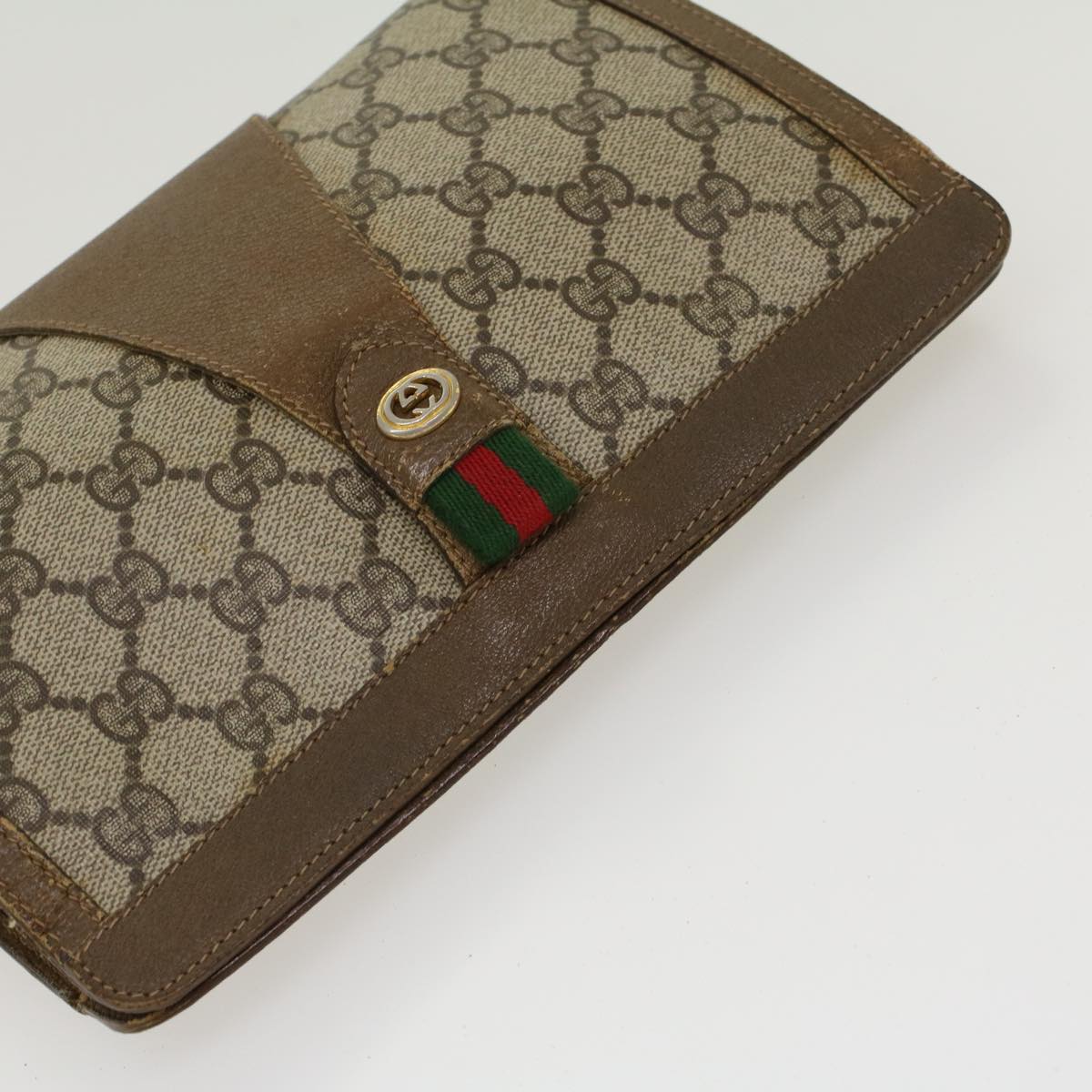 GUCCI GG Canvas Web Sherry Line Clutch Bag PVC Leather Beige Green 43090