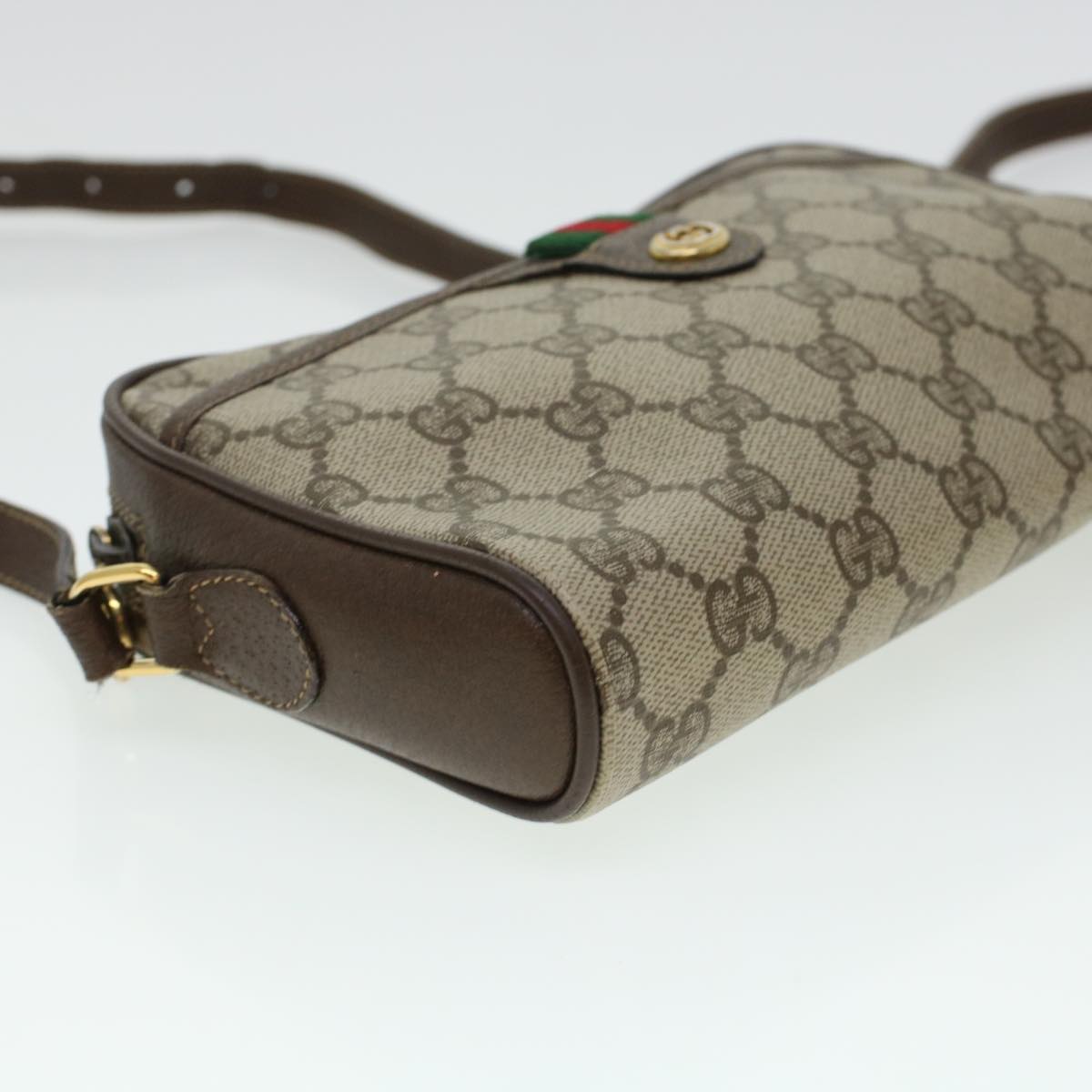 GUCCI GG Canvas Web Sherry Line Shoulder Bag PVC Leather Beige Green 43091