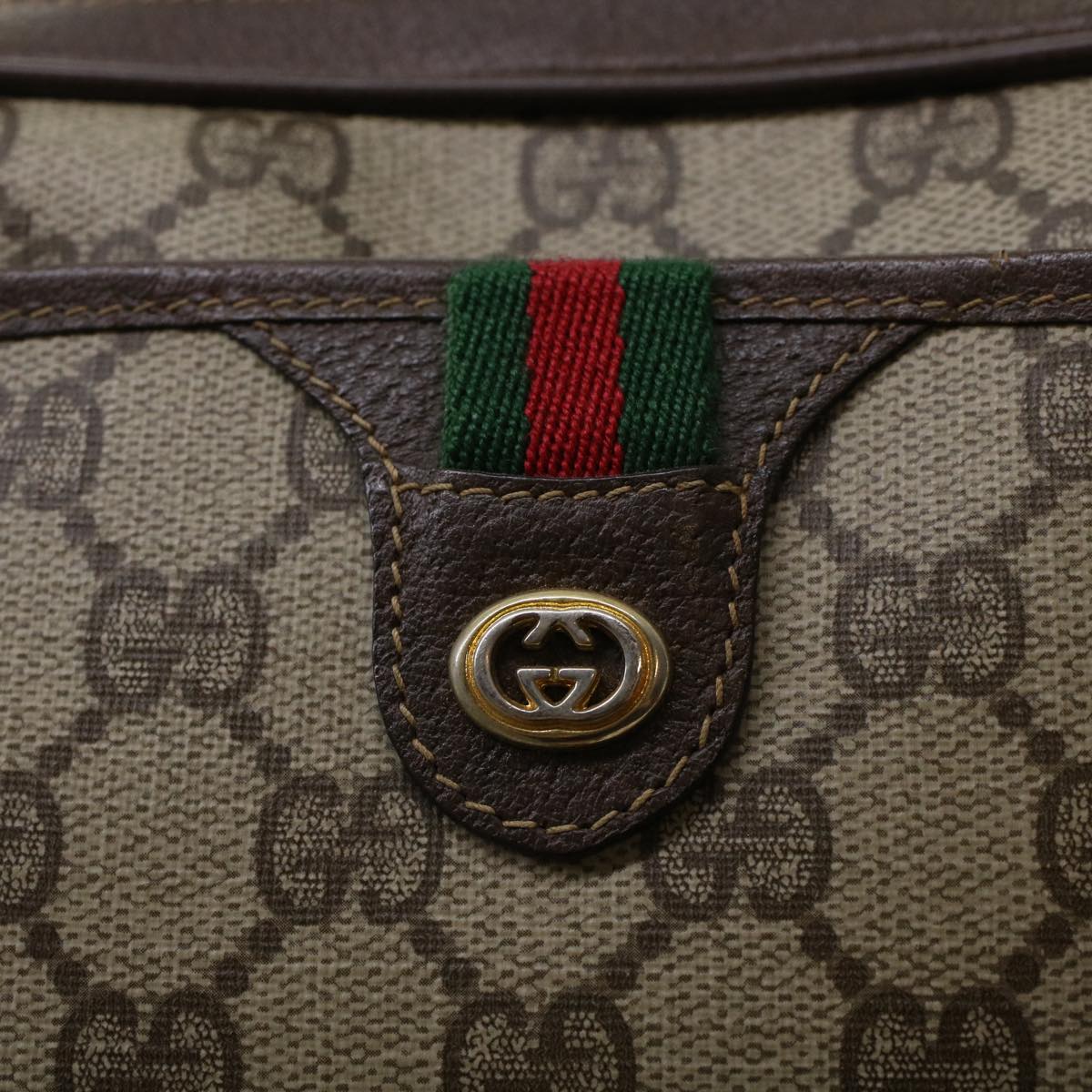 GUCCI GG Canvas Web Sherry Line Shoulder Bag PVC Leather Beige Green 43091