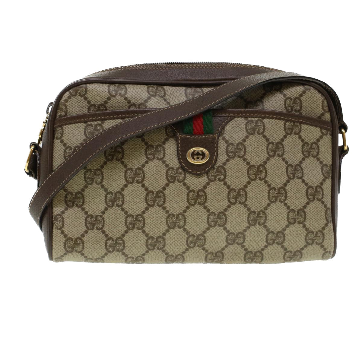 GUCCI GG Canvas Web Sherry Line Shoulder Bag PVC Leather Beige Green 43091