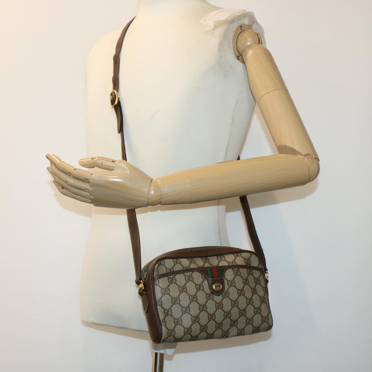GUCCI GG Canvas Web Sherry Line Shoulder Bag PVC Leather Beige Green 43091