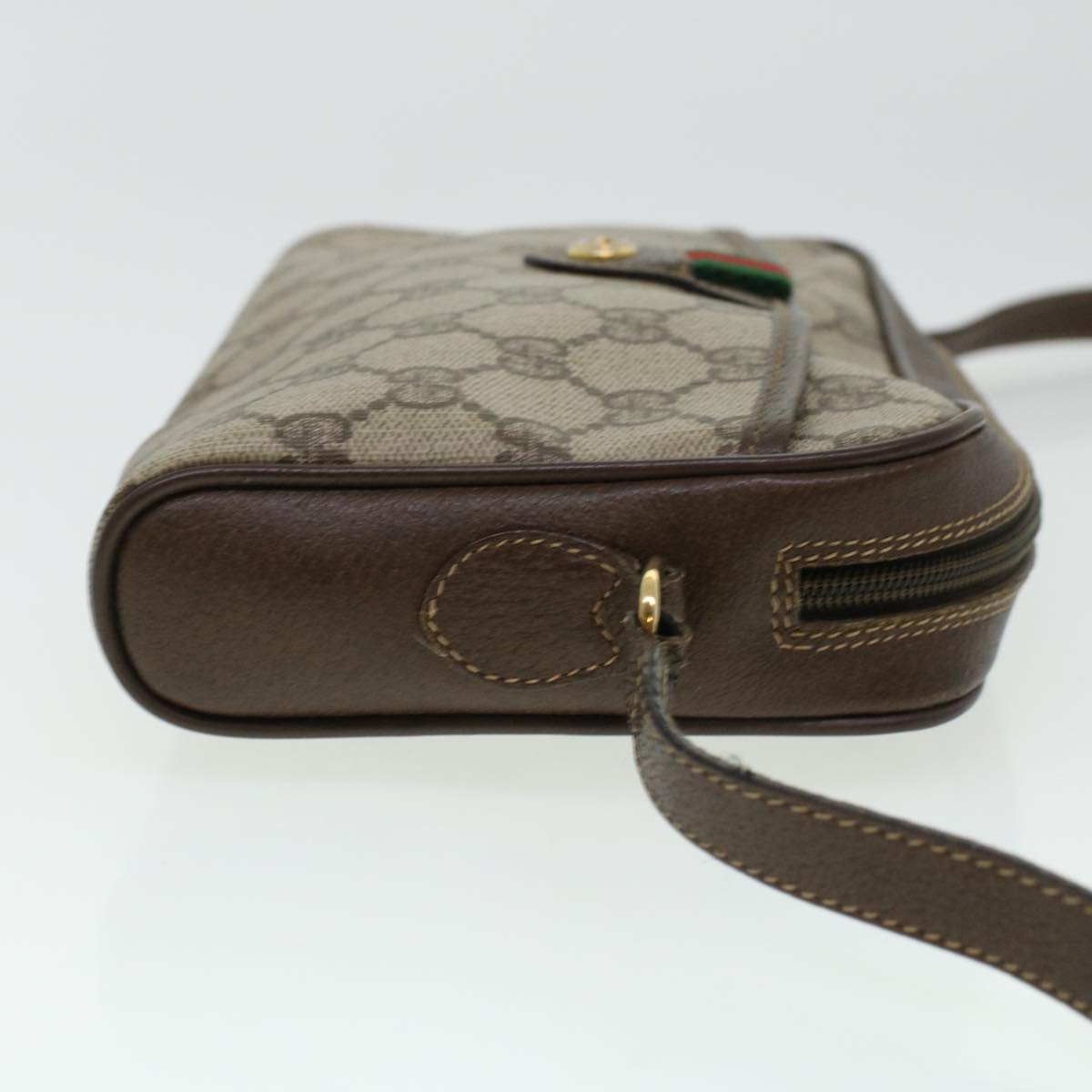 GUCCI GG Canvas Web Sherry Line Shoulder Bag PVC Leather Beige Green 43091