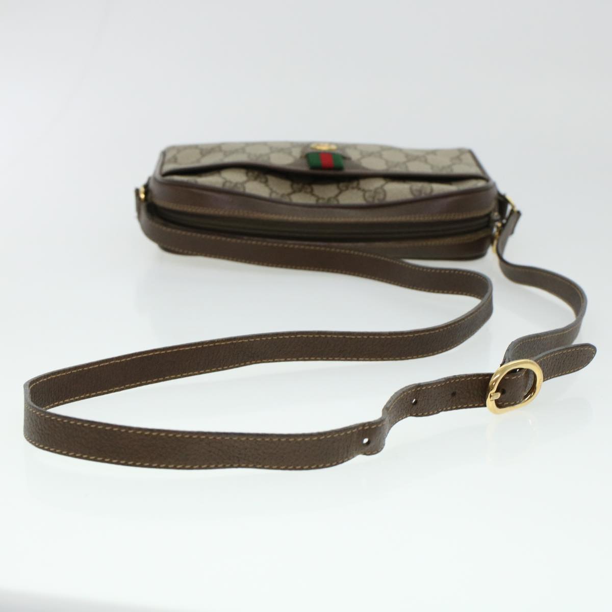 GUCCI GG Canvas Web Sherry Line Shoulder Bag PVC Leather Beige Green 43091