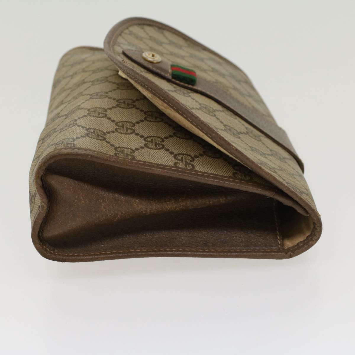 GUCCI GG Canvas Web Sherry Line Clutch Bag PVC Leather Beige Green 43093