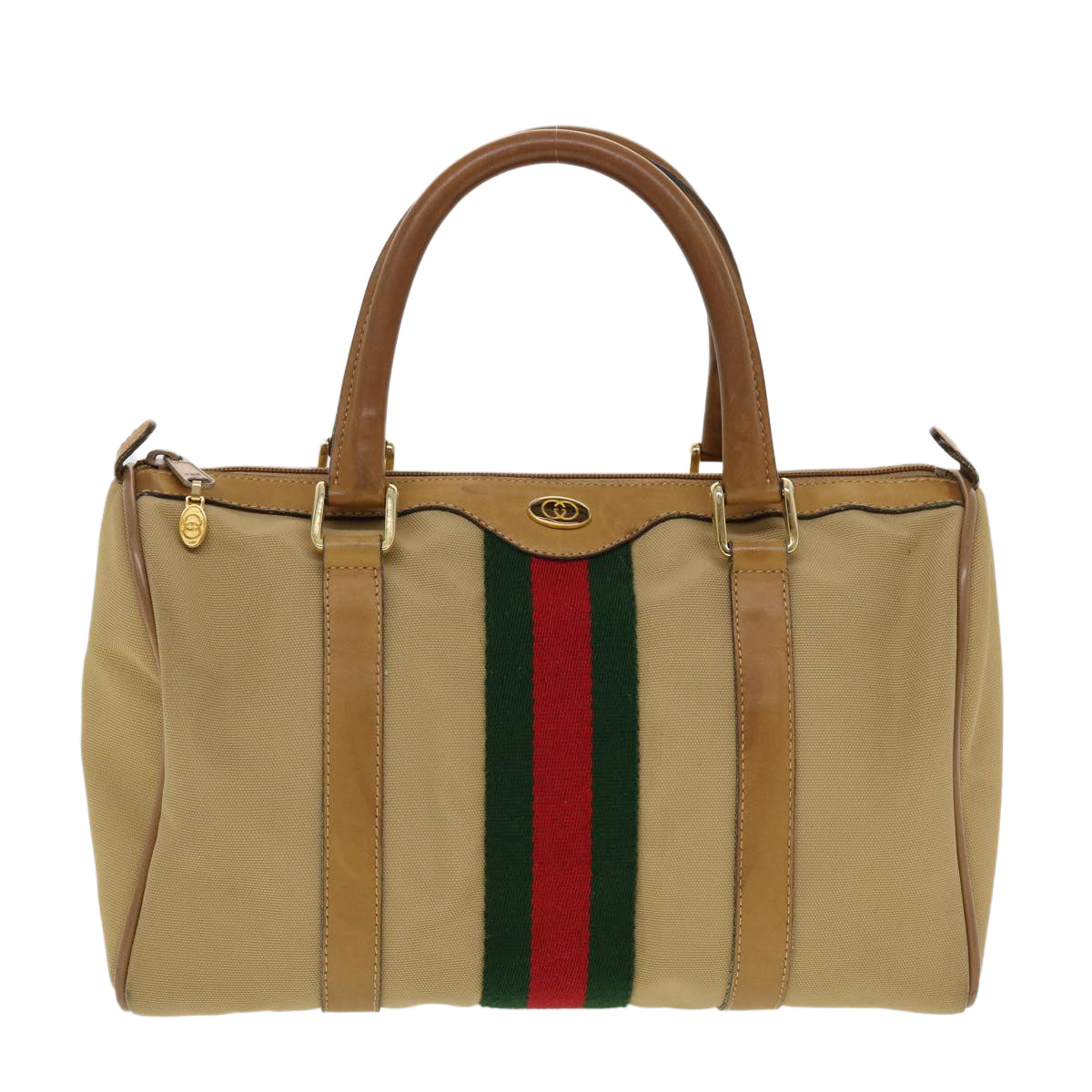 GUCCI Web Sherry Line Boston Bag Canvas Beige Red Green 378.012.3841 43210