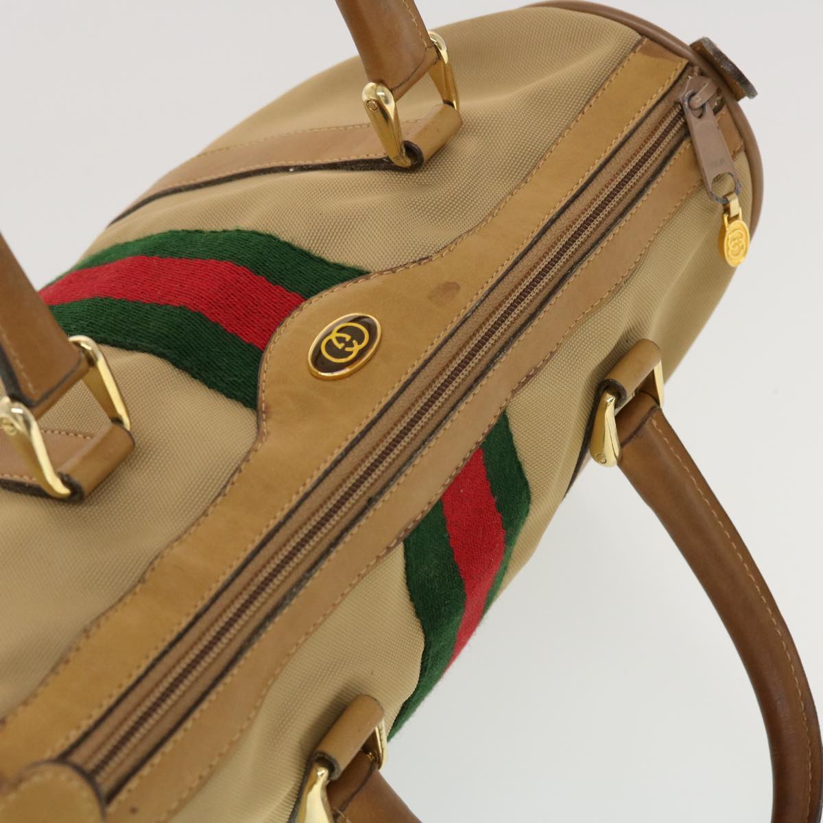 GUCCI Web Sherry Line Boston Bag Canvas Beige Red Green 378.012.3841 43210