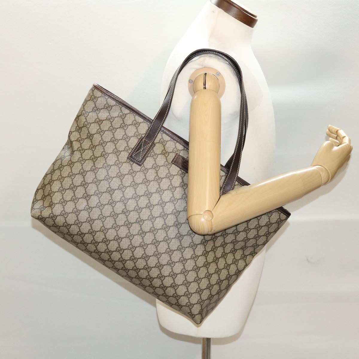 GUCCI GG Canvas Tote Bag PVC Leather Beige 211137 43270
