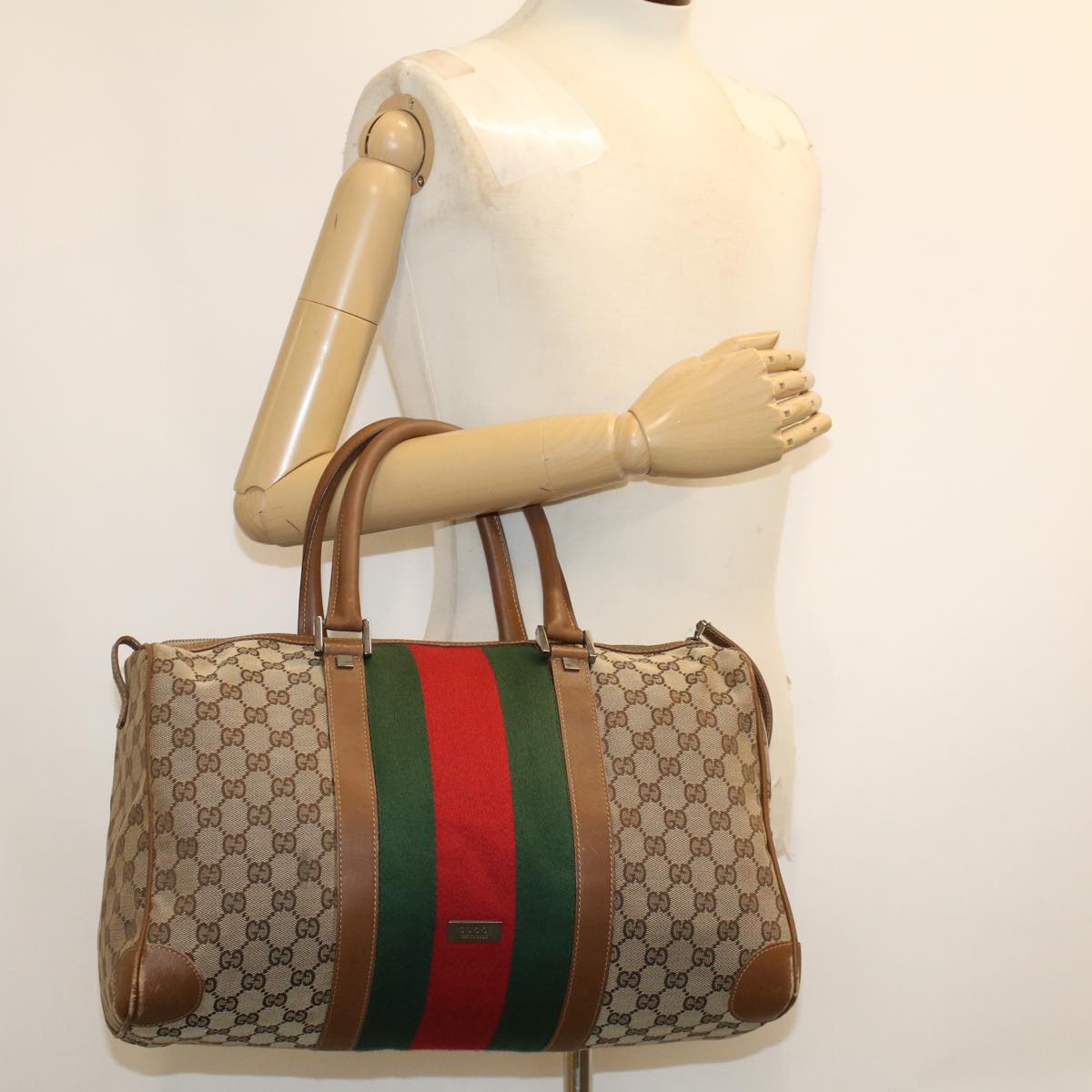 GUCCI GG Canvas Web Sherry Line Boston Bag Beige Red 2122.000.5301 43326