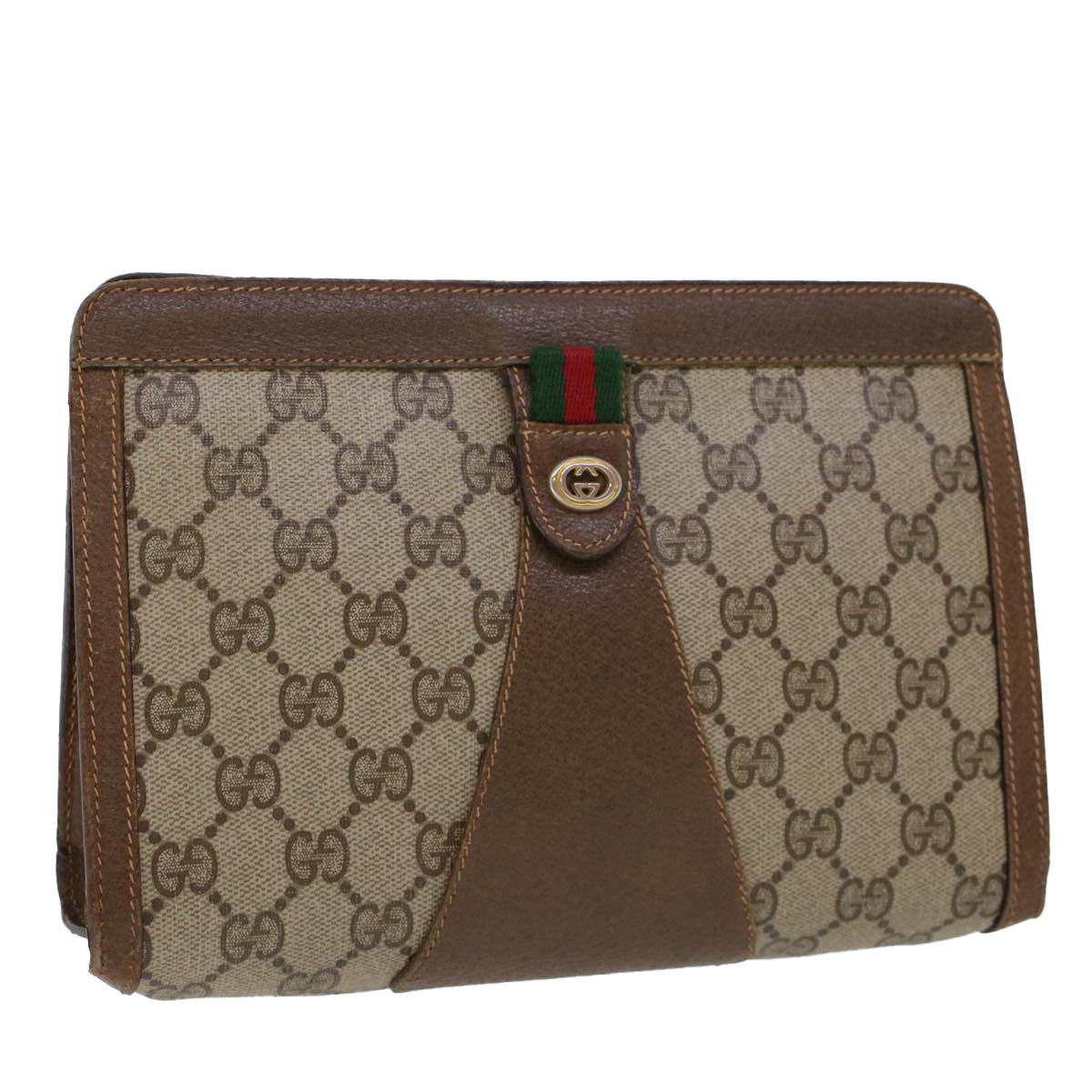 GUCCI GG Canvas Web Sherry Line Clutch Bag PVC Leather Beige Green 44139